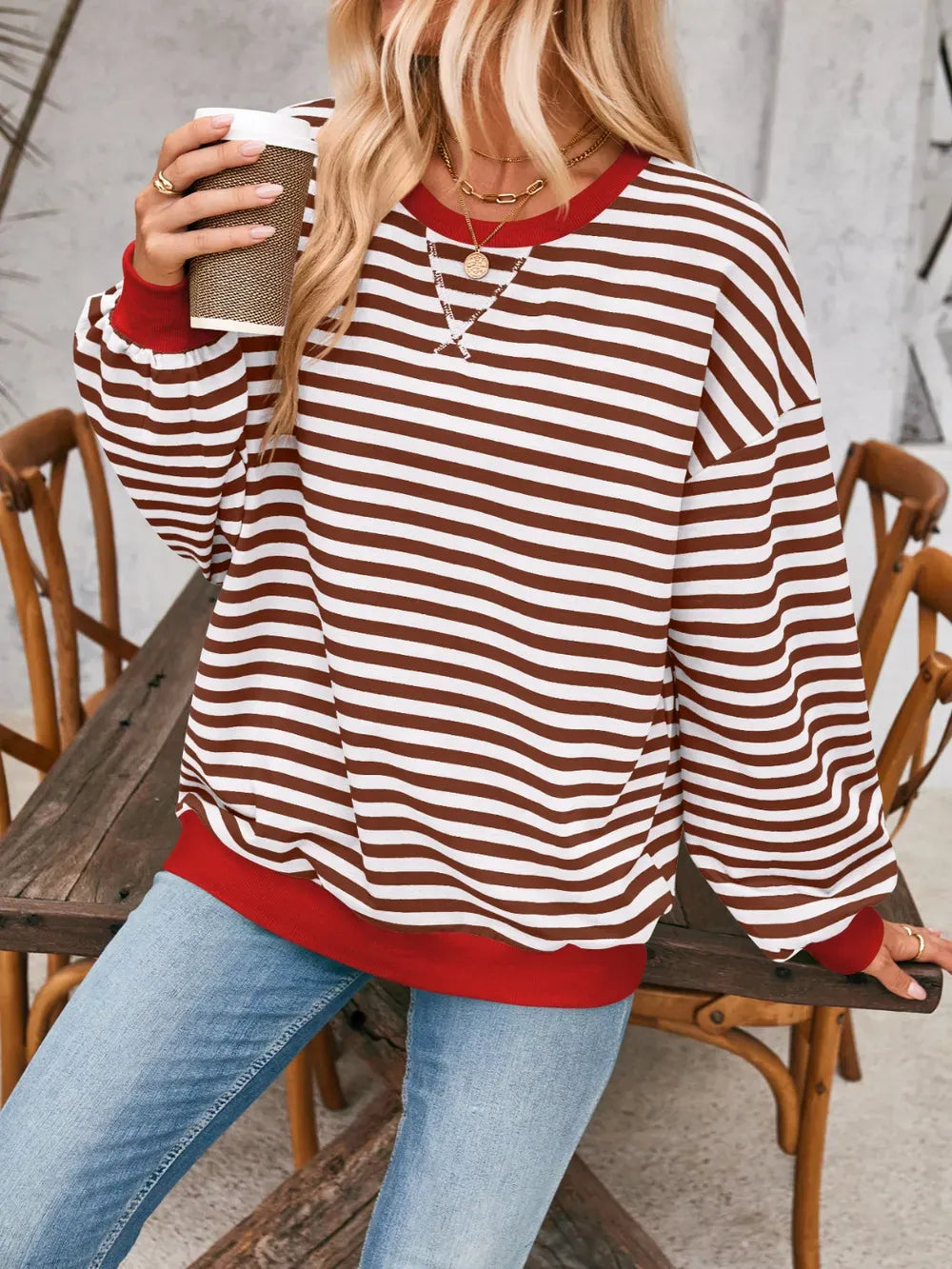 Lovelet Contrast Striped Long Sleeve Sweatshirt-Sweaters-Krush Kandy, Women's Online Fashion Boutique Located in Phoenix, Arizona (Scottsdale Area)