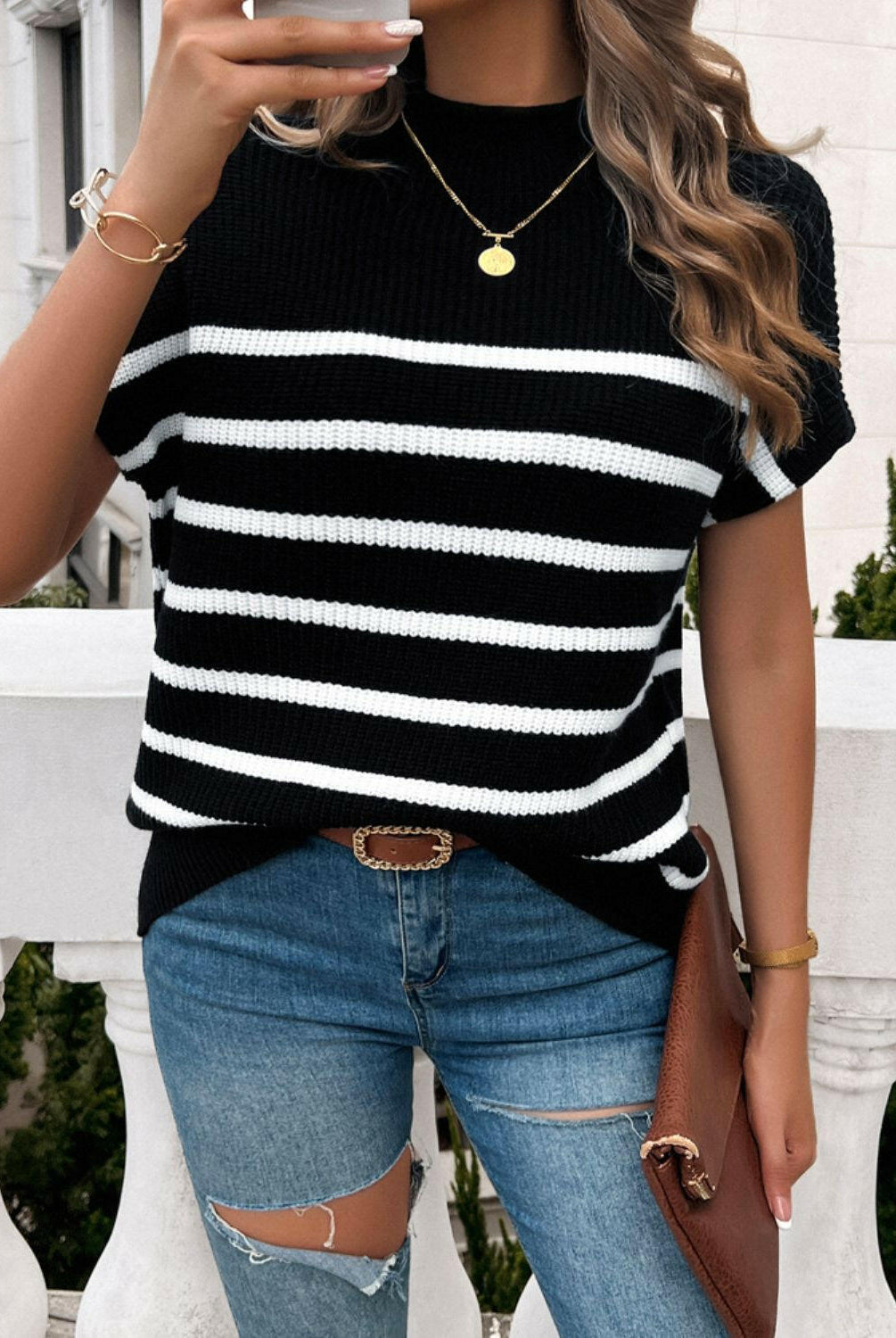 Between the Lines Striped Mock Neck Short Sleeve Sweater-Tops-Krush Kandy, Women's Online Fashion Boutique Located in Phoenix, Arizona (Scottsdale Area)