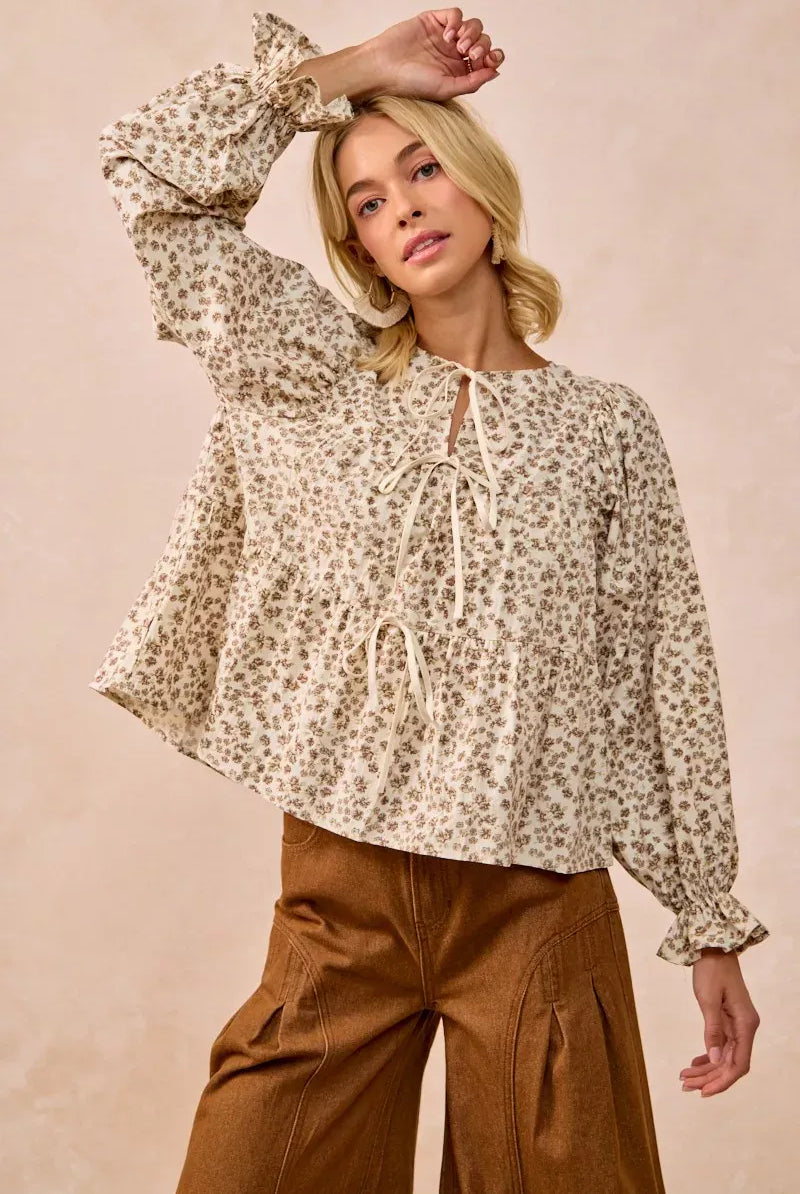 BiBi Floral Printed Peplum Blouse with Shirring and Tied-Tops-Krush Kandy, Women's Online Fashion Boutique Located in Phoenix, Arizona (Scottsdale Area)