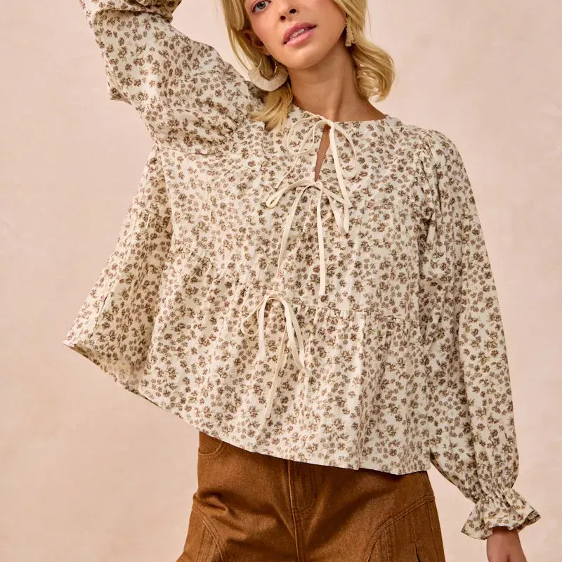 BiBi Floral Printed Peplum Blouse with Shirring and Tied-Tops-Krush Kandy, Women's Online Fashion Boutique Located in Phoenix, Arizona (Scottsdale Area)