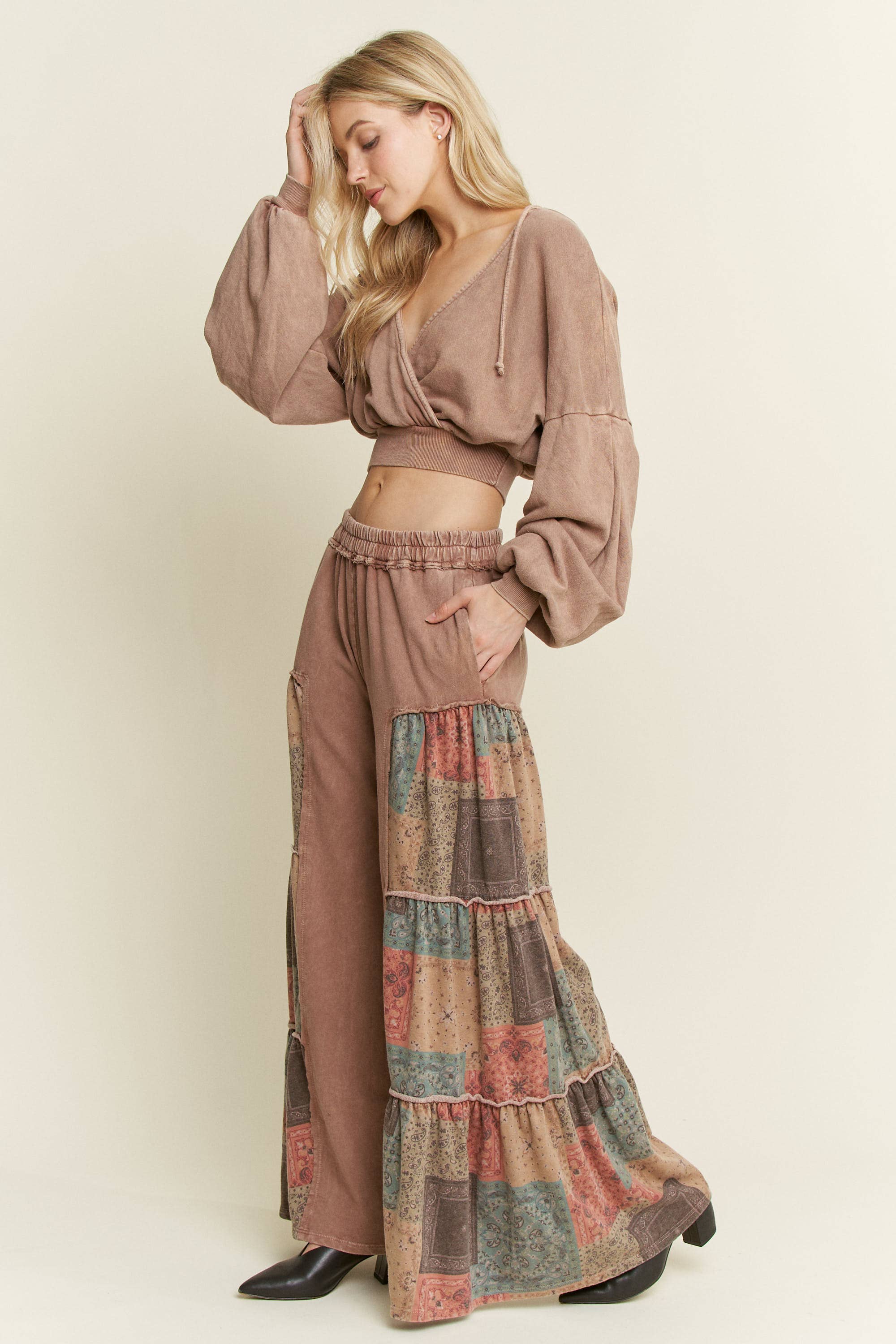 J.HER Mineral Washed Boho Patch Tiered Wide Pants-Pants-Krush Kandy, Women's Online Fashion Boutique Located in Phoenix, Arizona (Scottsdale Area)
