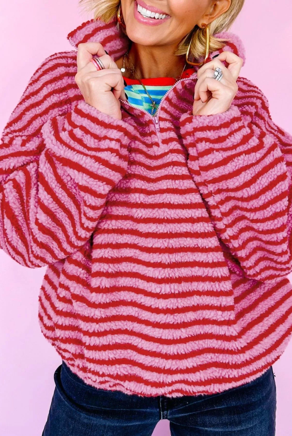 Striped Quarter-Zip Fleece Sweatshirt-Sweaters-Krush Kandy, Women's Online Fashion Boutique Located in Phoenix, Arizona (Scottsdale Area)