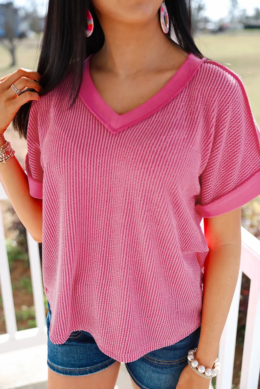 Solid V-Neck Short Sleeve T-Shirt-Tops-Krush Kandy, Women's Online Fashion Boutique Located in Phoenix, Arizona (Scottsdale Area)