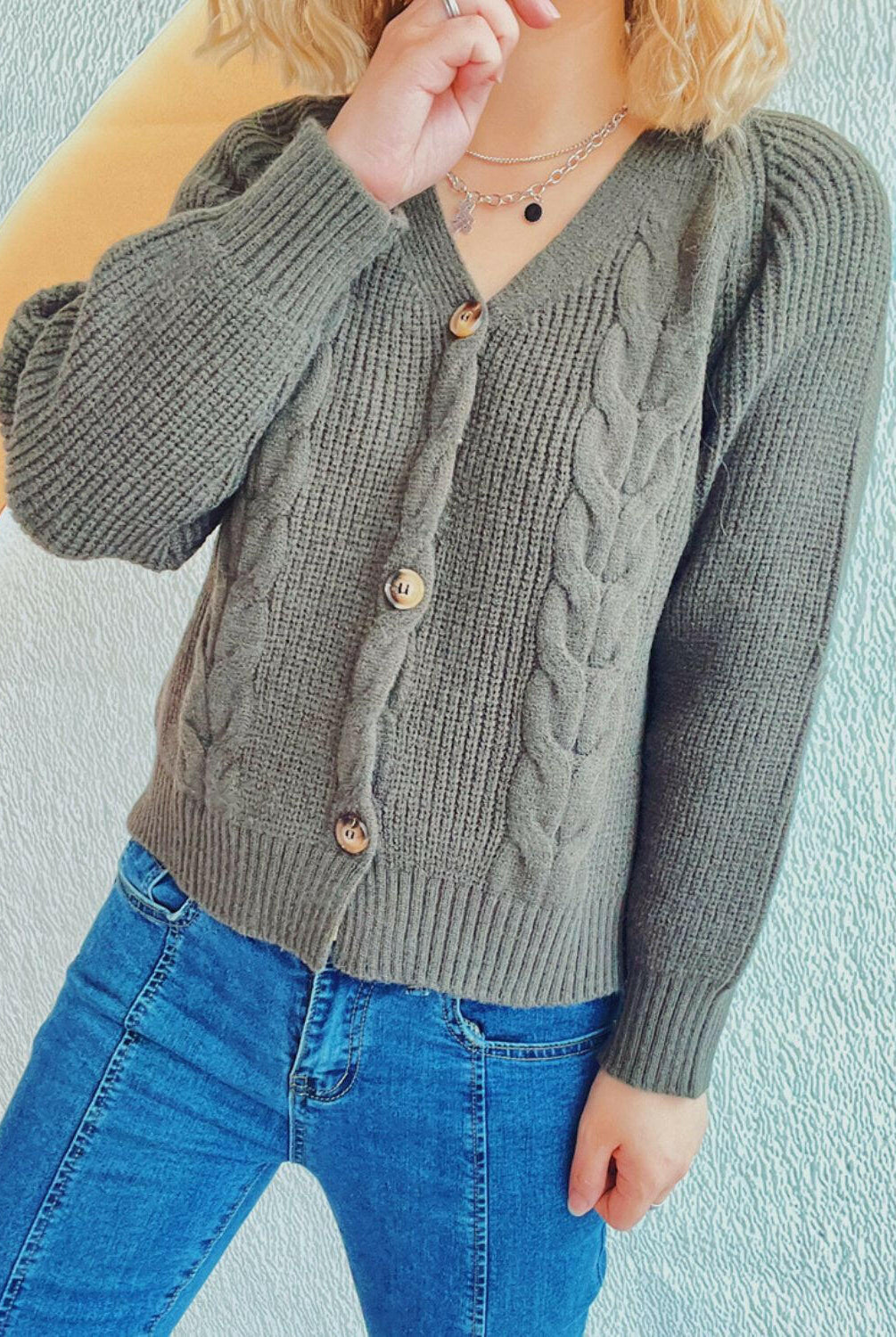 Cable-Knit V-Neck Button Down Long Sleeve Cardigan-Krush Kandy, Women's Online Fashion Boutique Located in Phoenix, Arizona (Scottsdale Area)