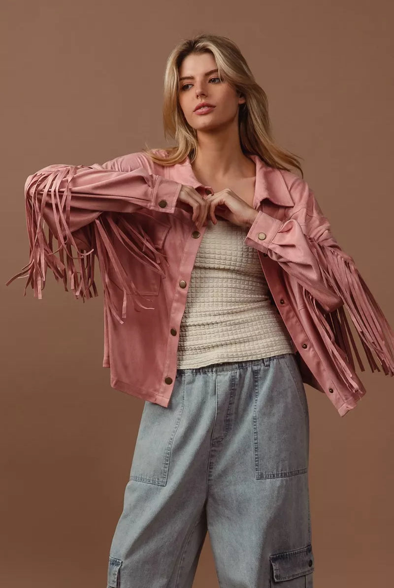 BiBi Suede Fringe Long Sleeve Jacket-Jacket-Krush Kandy, Women's Online Fashion Boutique Located in Phoenix, Arizona (Scottsdale Area)