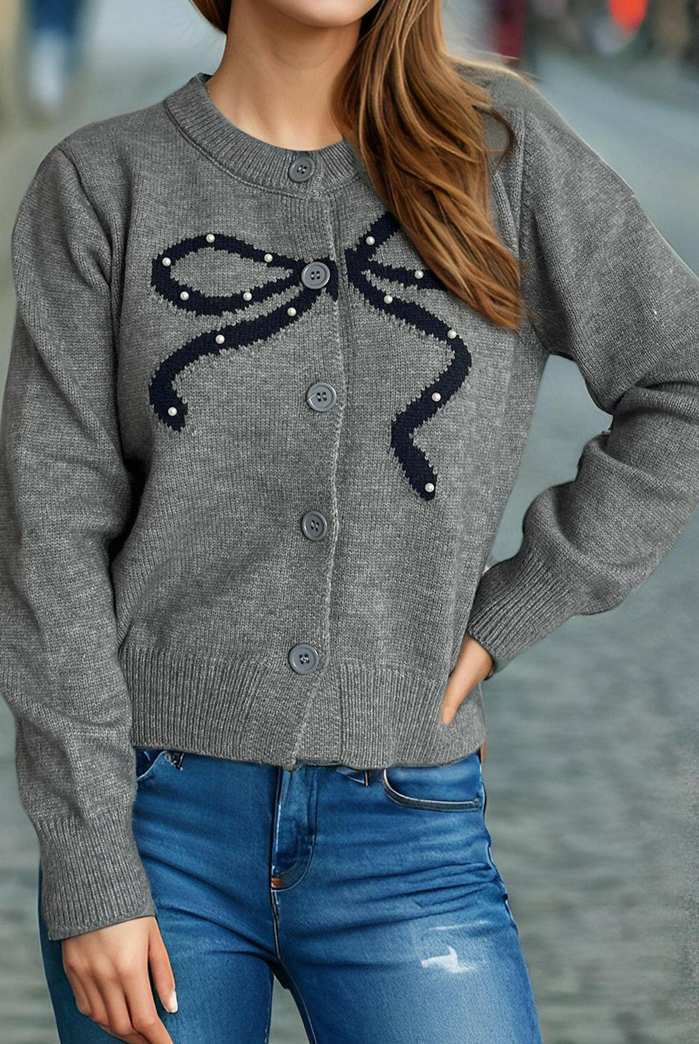 Bow Button Down Round Neck Cardigan-Krush Kandy, Women's Online Fashion Boutique Located in Phoenix, Arizona (Scottsdale Area)