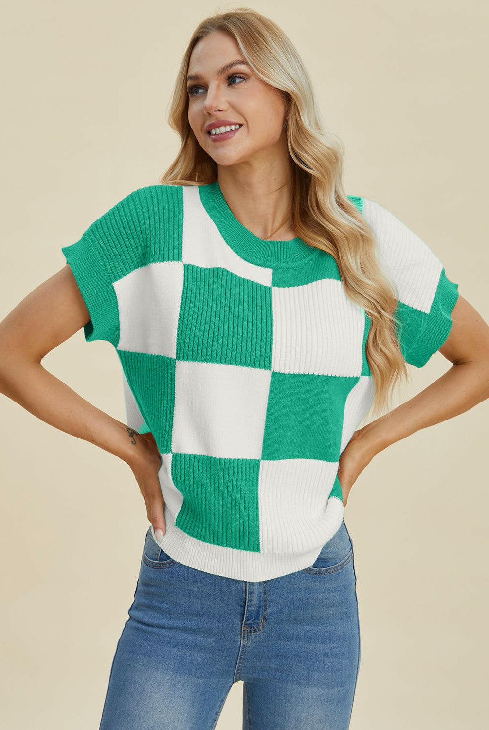 Double Take Full Size Checkered Round Neck Short Sleeve Sweater-Tops-Krush Kandy, Women's Online Fashion Boutique Located in Phoenix, Arizona (Scottsdale Area)