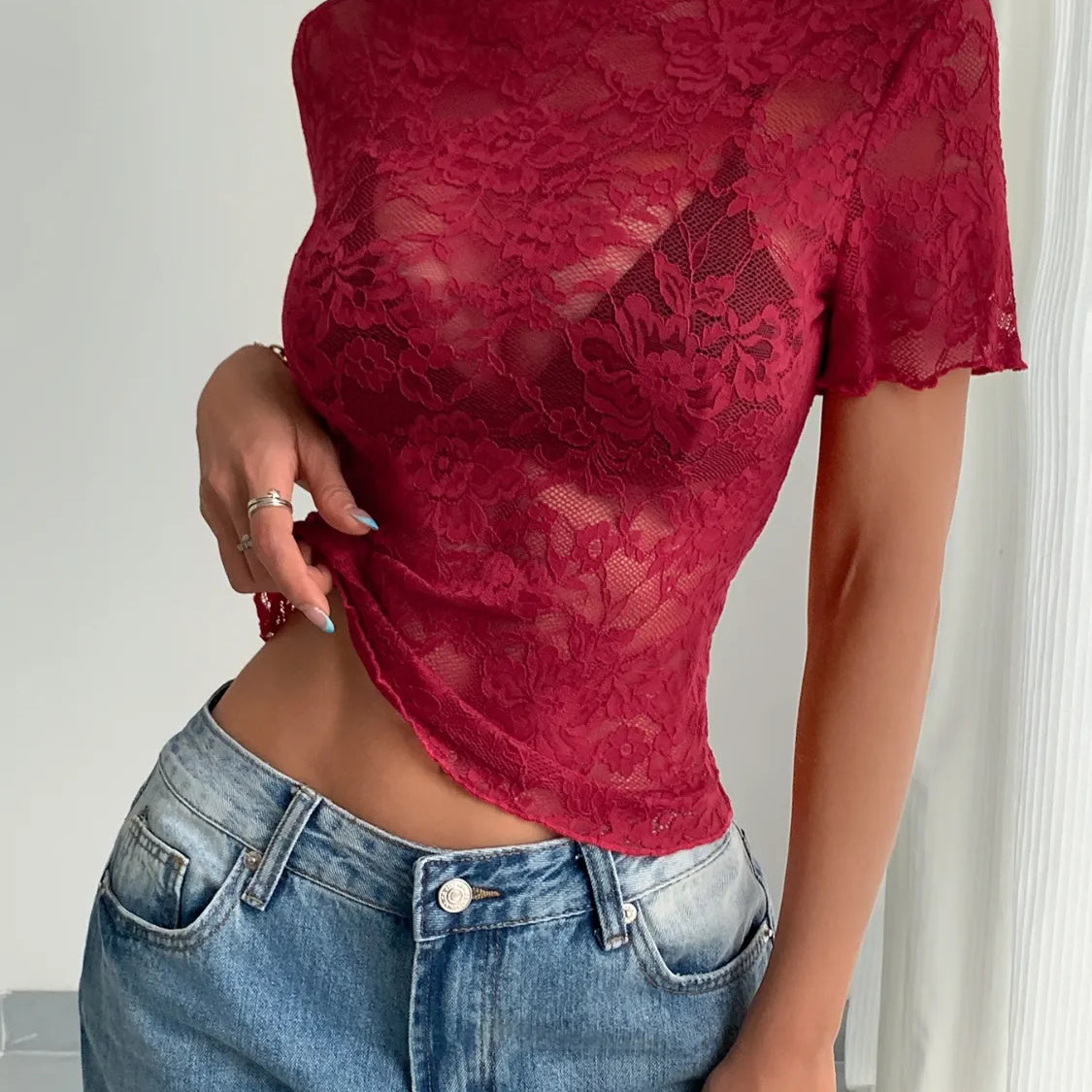 Lace Mock Neck Short Sleeve Top-tops-Krush Kandy, Women's Online Fashion Boutique Located in Phoenix, Arizona (Scottsdale Area)
