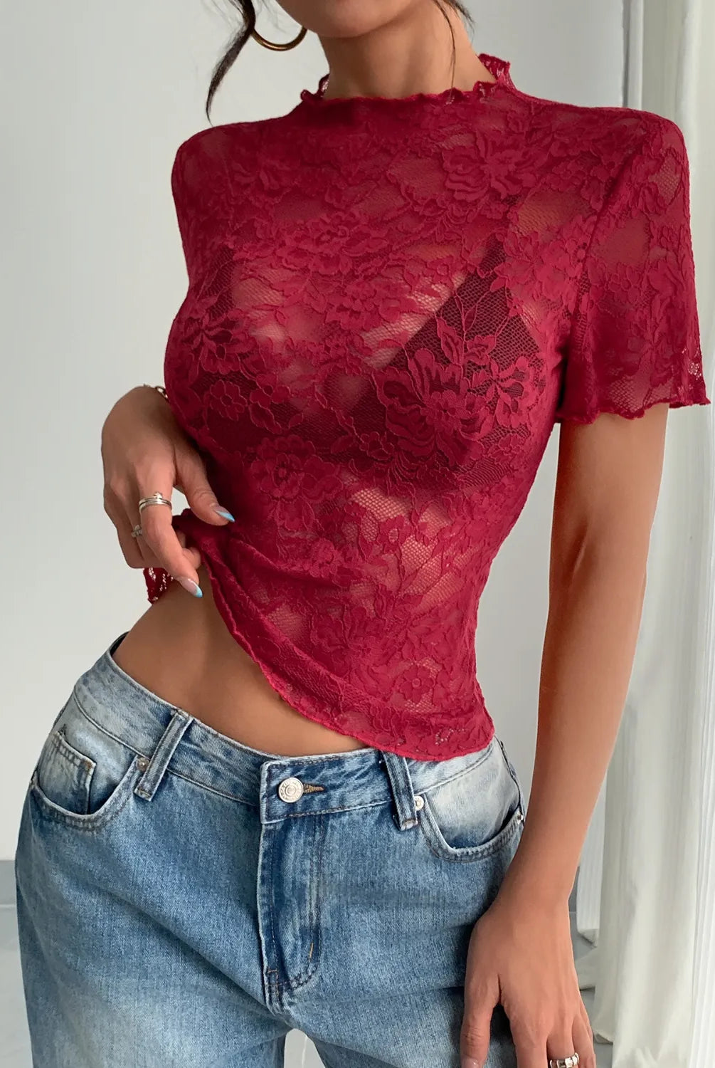 Lace Mock Neck Short Sleeve Top-tops-Krush Kandy, Women's Online Fashion Boutique Located in Phoenix, Arizona (Scottsdale Area)