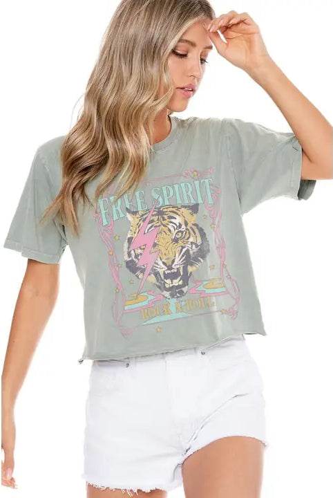 Free Spirit Rock N Roll Graphic Washed Faux Crop Tee PREORDER-Graphic Tees-Krush Kandy, Women's Online Fashion Boutique Located in Phoenix, Arizona (Scottsdale Area)