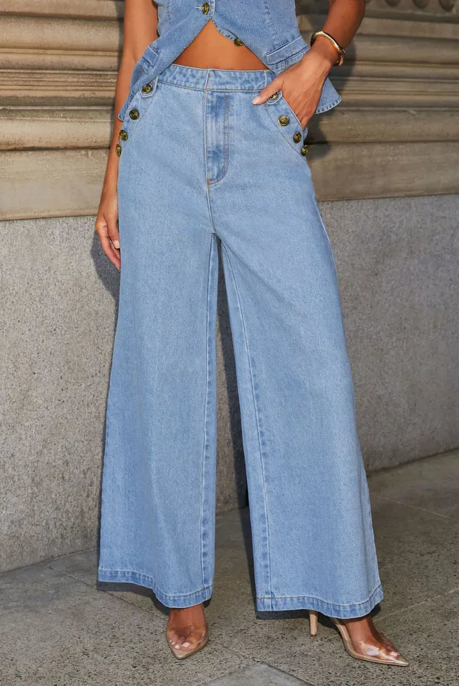 Button Decor High Rise Wide Leg Jeans-Krush Kandy, Women's Online Fashion Boutique Located in Phoenix, Arizona (Scottsdale Area)