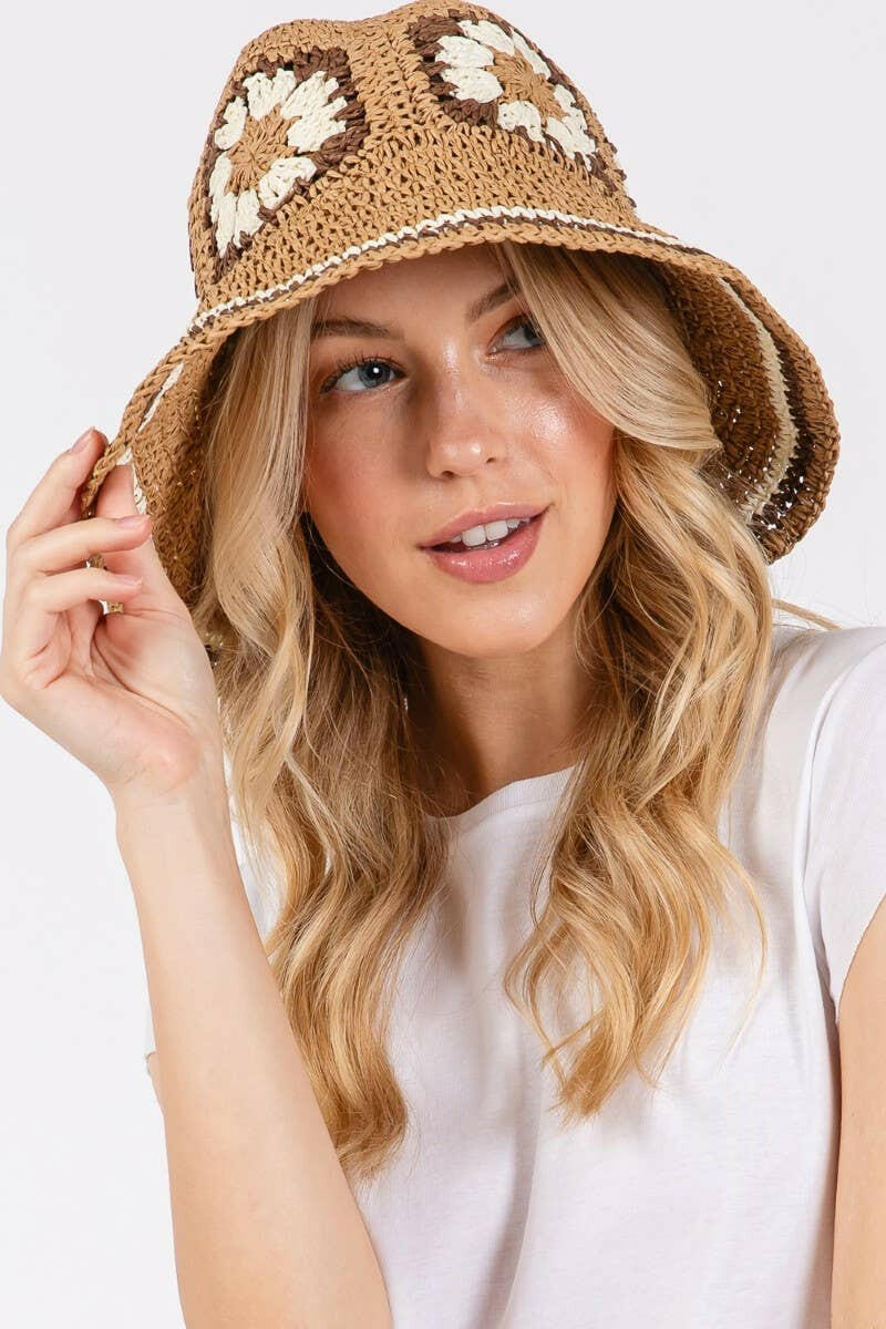 Floral Crochet Straw Bucket Hat-Hat-Krush Kandy, Women's Online Fashion Boutique Located in Phoenix, Arizona (Scottsdale Area)