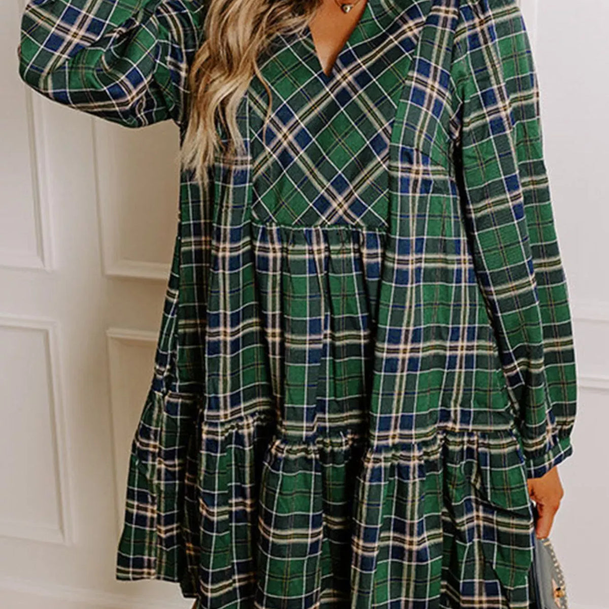 dark green plaid dress Frilly Collar Long Sleeve Shift Mini / M Below The Knee Length Color:Blue Mix SHOPIFY High-Protein Green Goddess Chicken