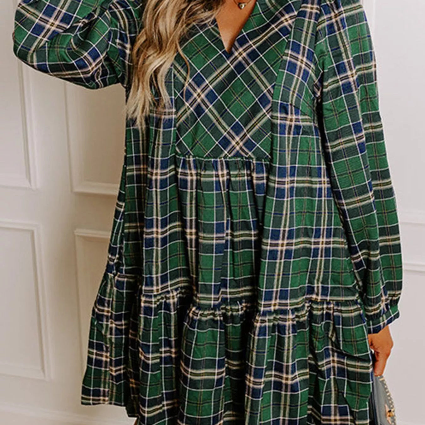 Plaid Frilly Collar Long Sleeve Shift Mini Dress-Dresses-Krush Kandy, Women's Online Fashion Boutique Located in Phoenix, Arizona (Scottsdale Area)