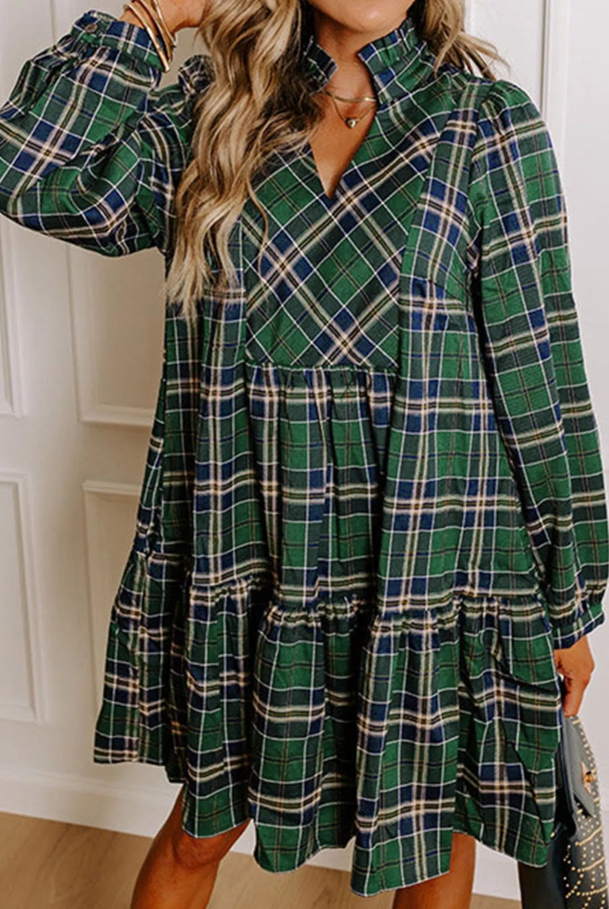 Plaid Frilly Collar Long Sleeve Shift Mini Dress-Dresses-Krush Kandy, Women's Online Fashion Boutique Located in Phoenix, Arizona (Scottsdale Area)