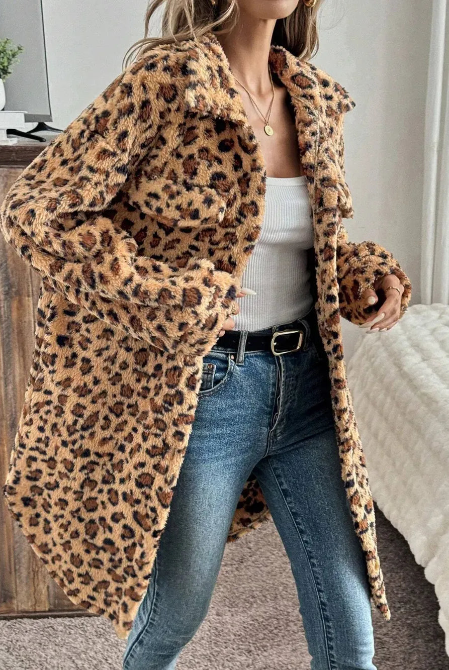 Leopard Button Up Long Sleeve Fuzzy Coat-Jacket-Krush Kandy, Women's Online Fashion Boutique Located in Phoenix, Arizona (Scottsdale Area)