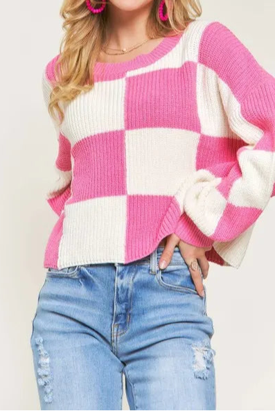 ADORA Plus Size Comfy Checkered Colorblock Sweater Top-Sweater-Krush Kandy, Women's Online Fashion Boutique Located in Phoenix, Arizona (Scottsdale Area)
