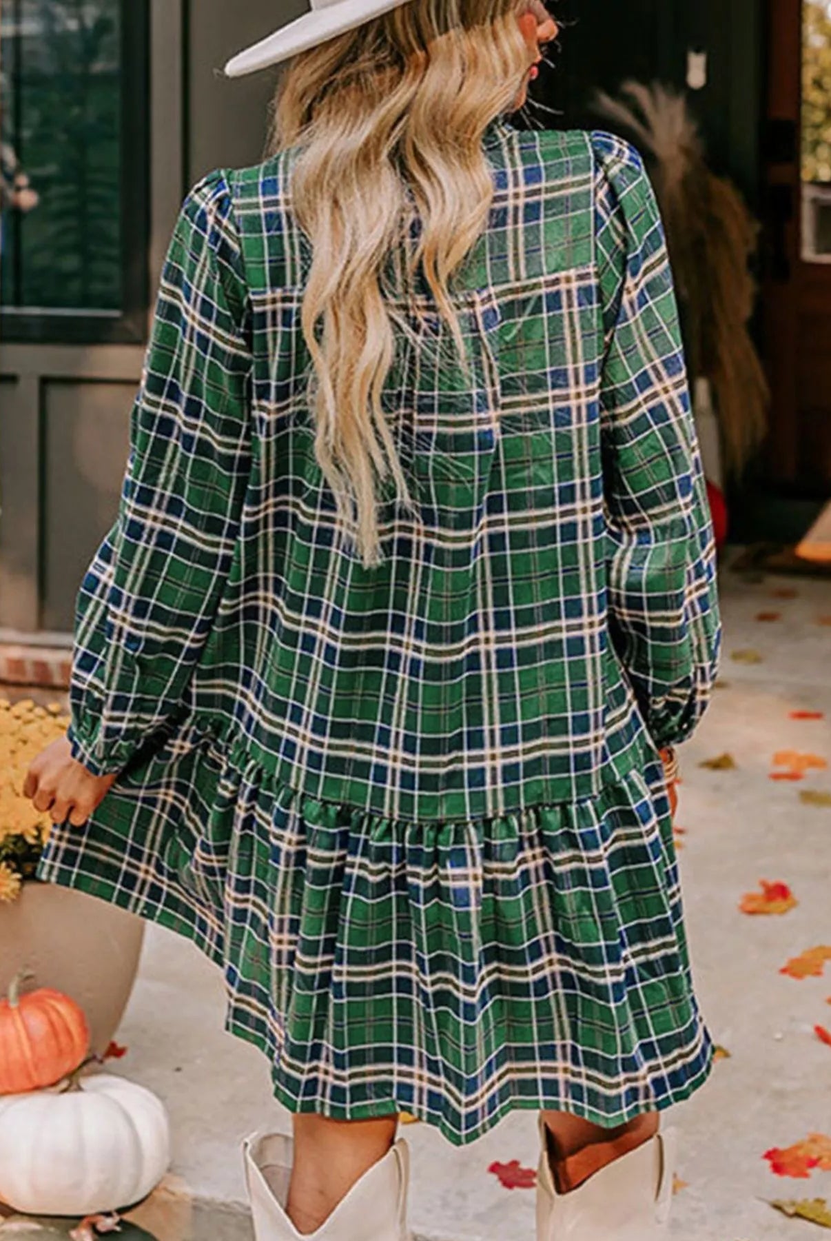 Plaid Frilly Collar Long Sleeve Shift Mini Dress-Dresses-Krush Kandy, Women's Online Fashion Boutique Located in Phoenix, Arizona (Scottsdale Area)