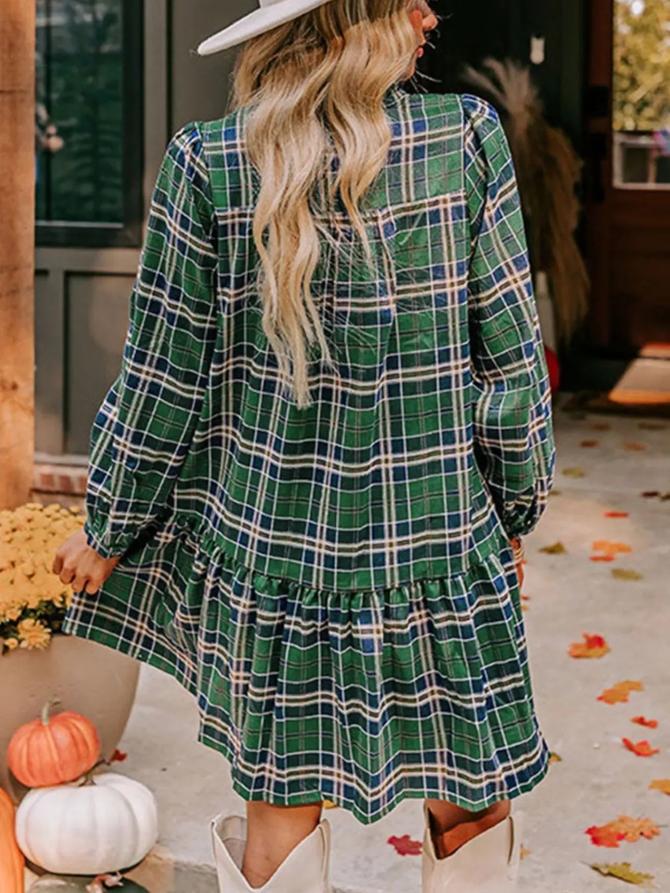 Plaid Frilly Collar Long Sleeve Shift Mini Dress-Dresses-Krush Kandy, Women's Online Fashion Boutique Located in Phoenix, Arizona (Scottsdale Area)