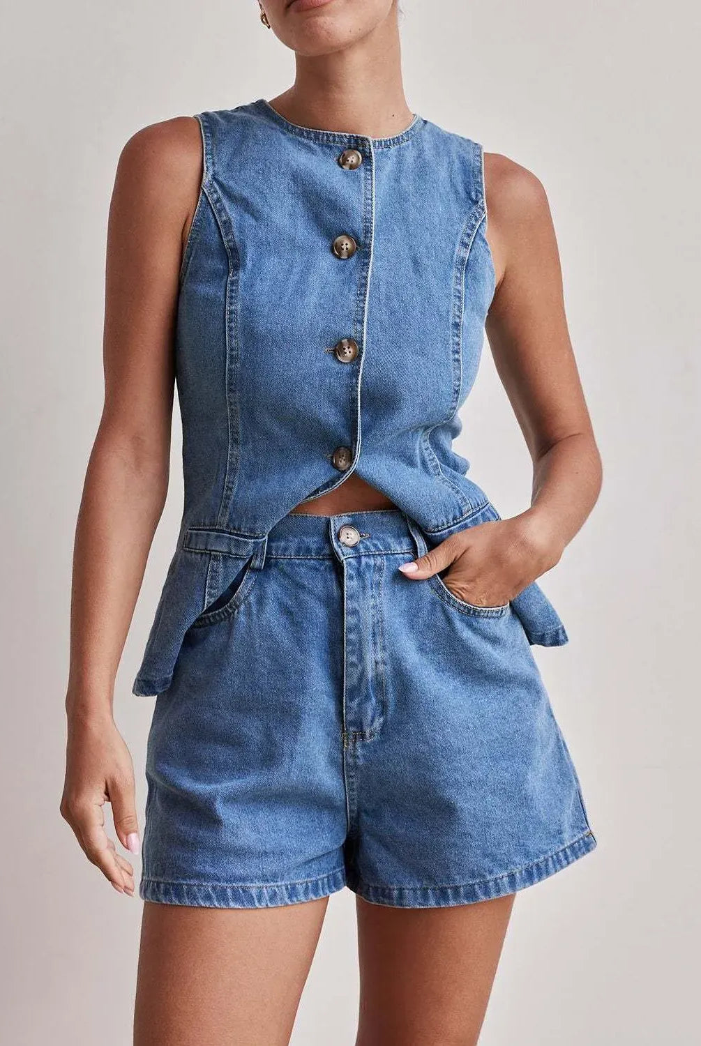 Button Down Vest and Shorts Denim Set-2 Piece Outfit Sets-Krush Kandy, Women's Online Fashion Boutique Located in Phoenix, Arizona (Scottsdale Area)
