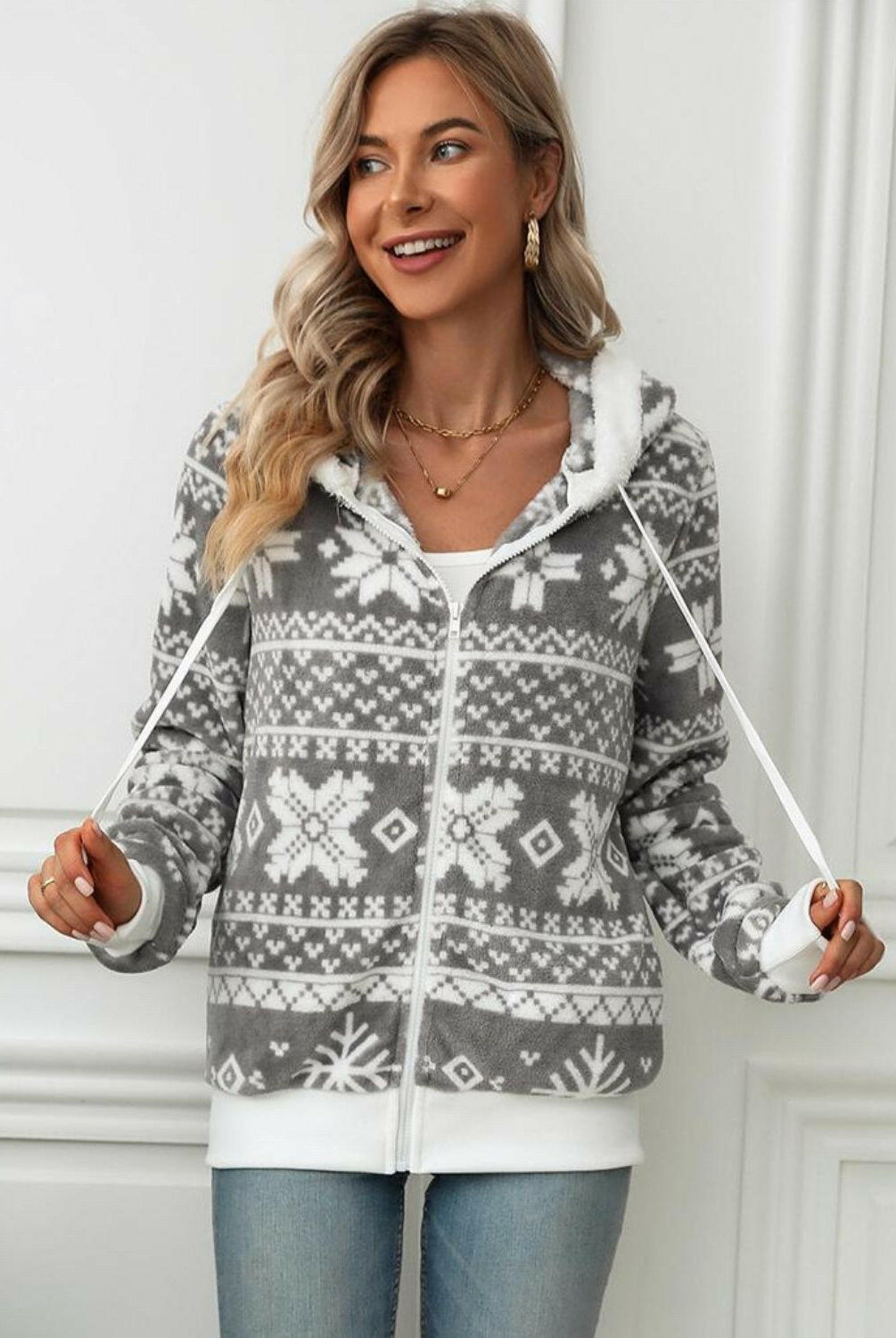 Drawstring Snowflake Zip Up Hooded Outerwear-Hoodies-Krush Kandy, Women's Online Fashion Boutique Located in Phoenix, Arizona (Scottsdale Area)
