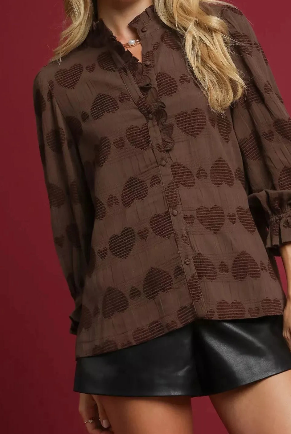 Umgee Heart Jacquard Ruffle Trim Shirt-Tops-Krush Kandy, Women's Online Fashion Boutique Located in Phoenix, Arizona (Scottsdale Area)