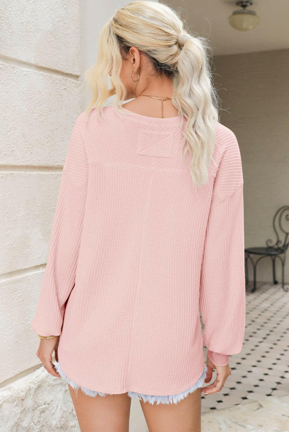 Waffle-Knit V-Neck Long Sleeve Top-Long Sleeve Tops-Krush Kandy, Women's Online Fashion Boutique Located in Phoenix, Arizona (Scottsdale Area)