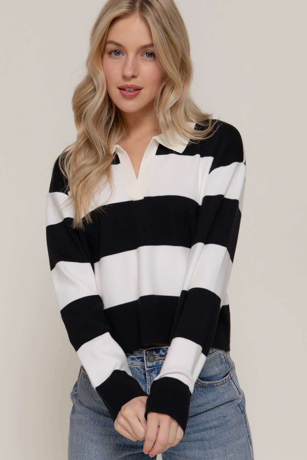 Long Sleeve Rugby Stripe Polo Swaeter-Sweaters-Krush Kandy, Women's Online Fashion Boutique Located in Phoenix, Arizona (Scottsdale Area)