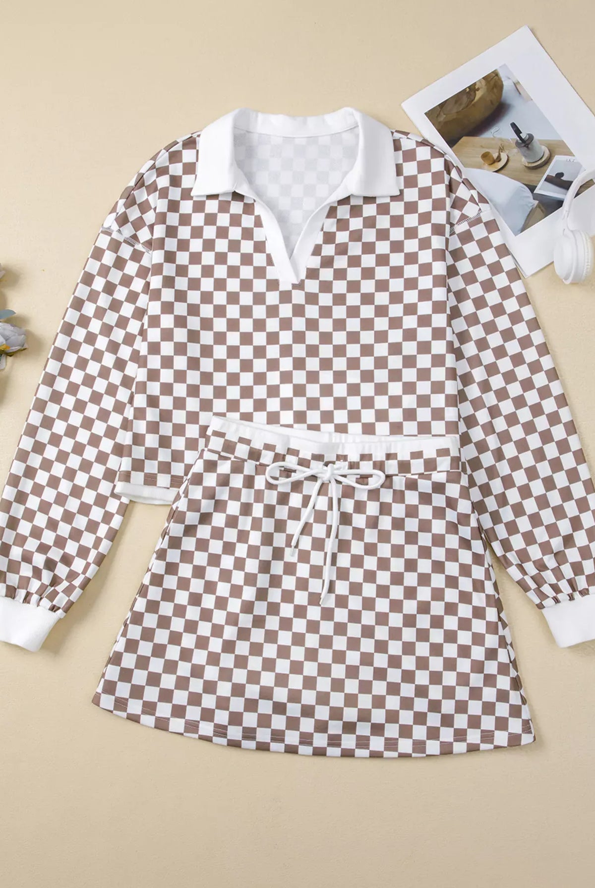 Checkered Print Polo Collar Cropped Long Sleeve Top and Drawstring Mini Skirt Set-2 Piece Outfit Sets-Krush Kandy, Women's Online Fashion Boutique Located in Phoenix, Arizona (Scottsdale Area)
