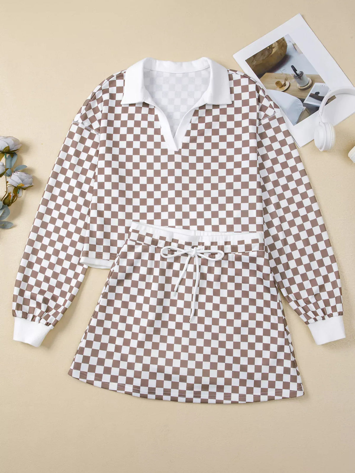 Checkered Print Polo Collar Cropped Long Sleeve Top and Drawstring Mini Skirt Set-2 Piece Outfit Sets-Krush Kandy, Women's Online Fashion Boutique Located in Phoenix, Arizona (Scottsdale Area)