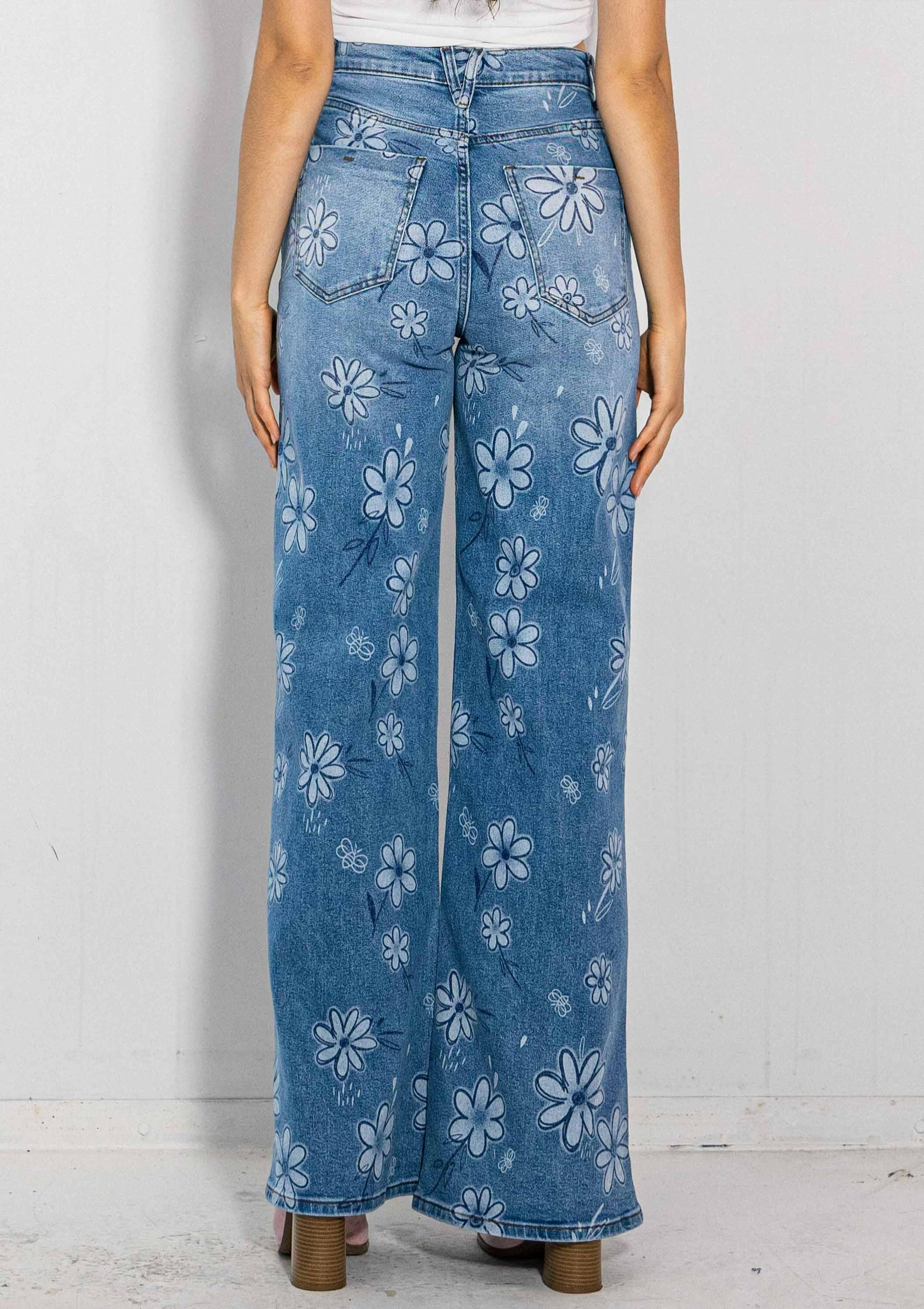 Flower Printed High-Rise Wideleg Jeans-Jeans-Krush Kandy, Women's Online Fashion Boutique Located in Phoenix, Arizona (Scottsdale Area)