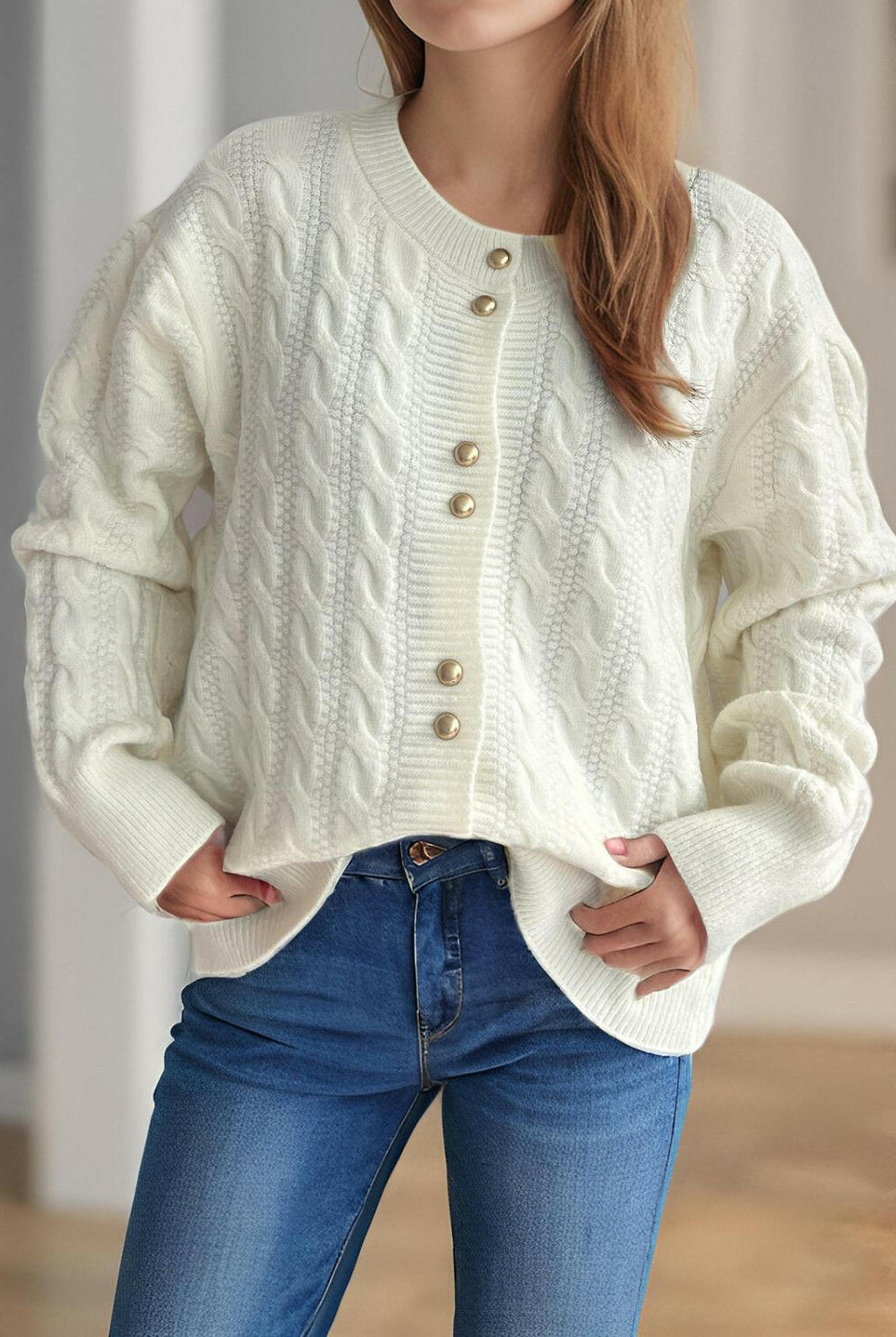 Cable-Knit Round Neck Long Sleeve Cardigan-Cardigans-Krush Kandy, Women's Online Fashion Boutique Located in Phoenix, Arizona (Scottsdale Area)