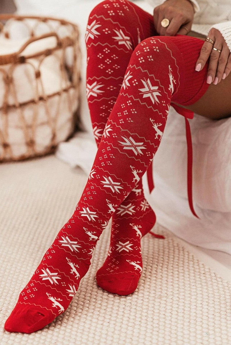 Christmas Element Bowknot Ribbed Trim Over Knee Stockings-Accessories-Krush Kandy, Women's Online Fashion Boutique Located in Phoenix, Arizona (Scottsdale Area)
