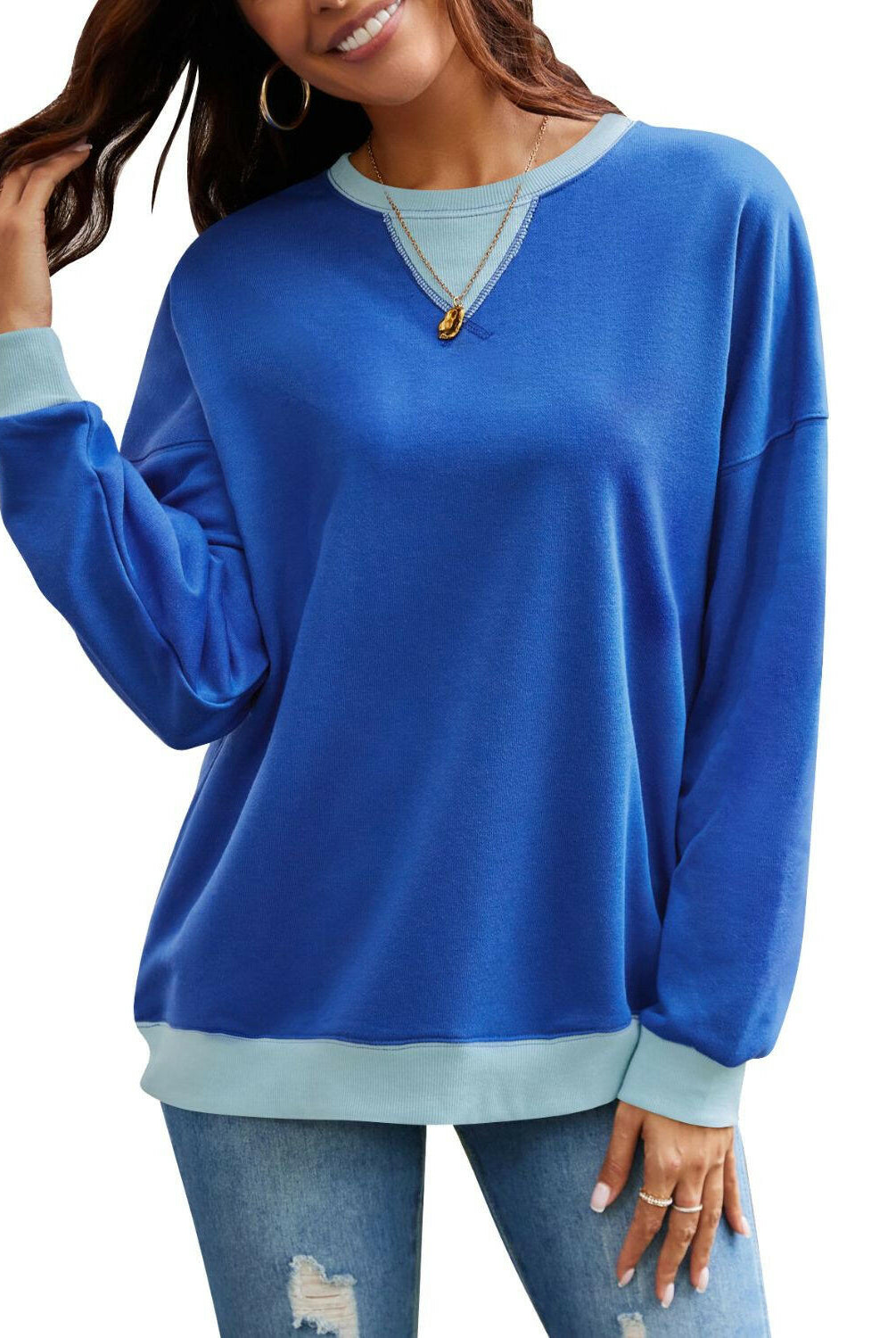 Lovelet Contrast Round Neck Long Sleeve Sweatshirt-Krush Kandy, Women's Online Fashion Boutique Located in Phoenix, Arizona (Scottsdale Area)