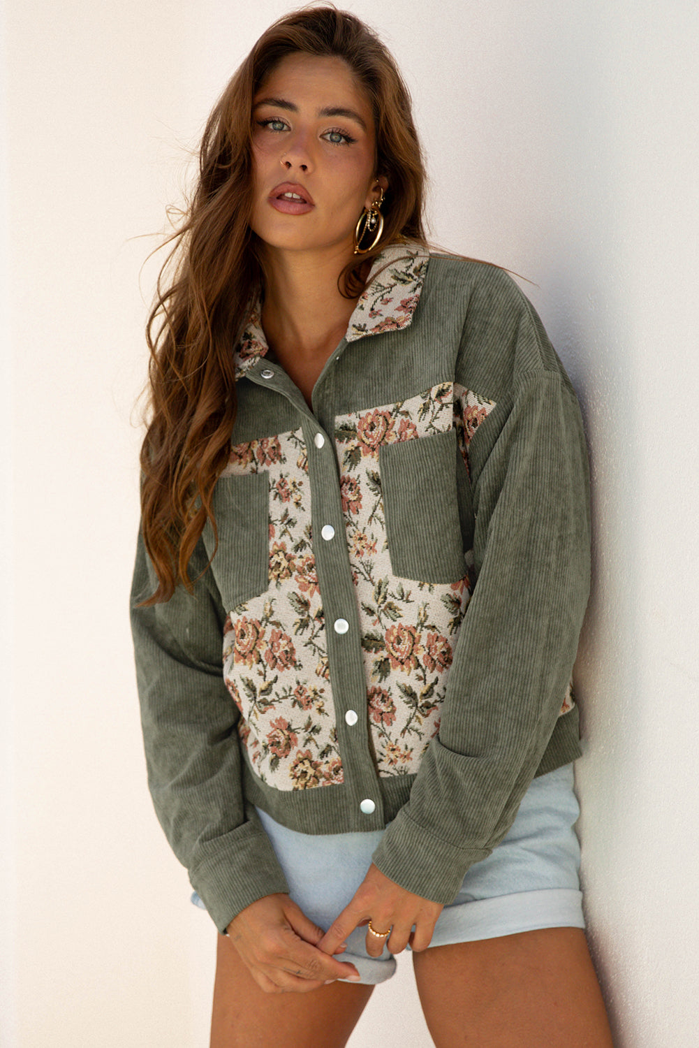Sage Green Floral Patchwork Corduroy Jacket-Jackets-Krush Kandy, Women's Online Fashion Boutique Located in Phoenix, Arizona (Scottsdale Area)