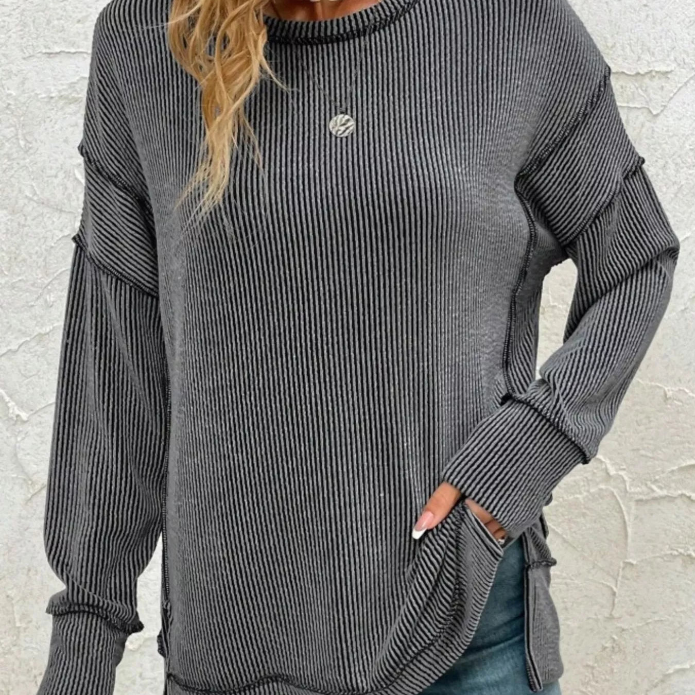 Side Slit Round Neck Dropped Shoulder Sweatshirt-Sweaters-Krush Kandy, Women's Online Fashion Boutique Located in Phoenix, Arizona (Scottsdale Area)
