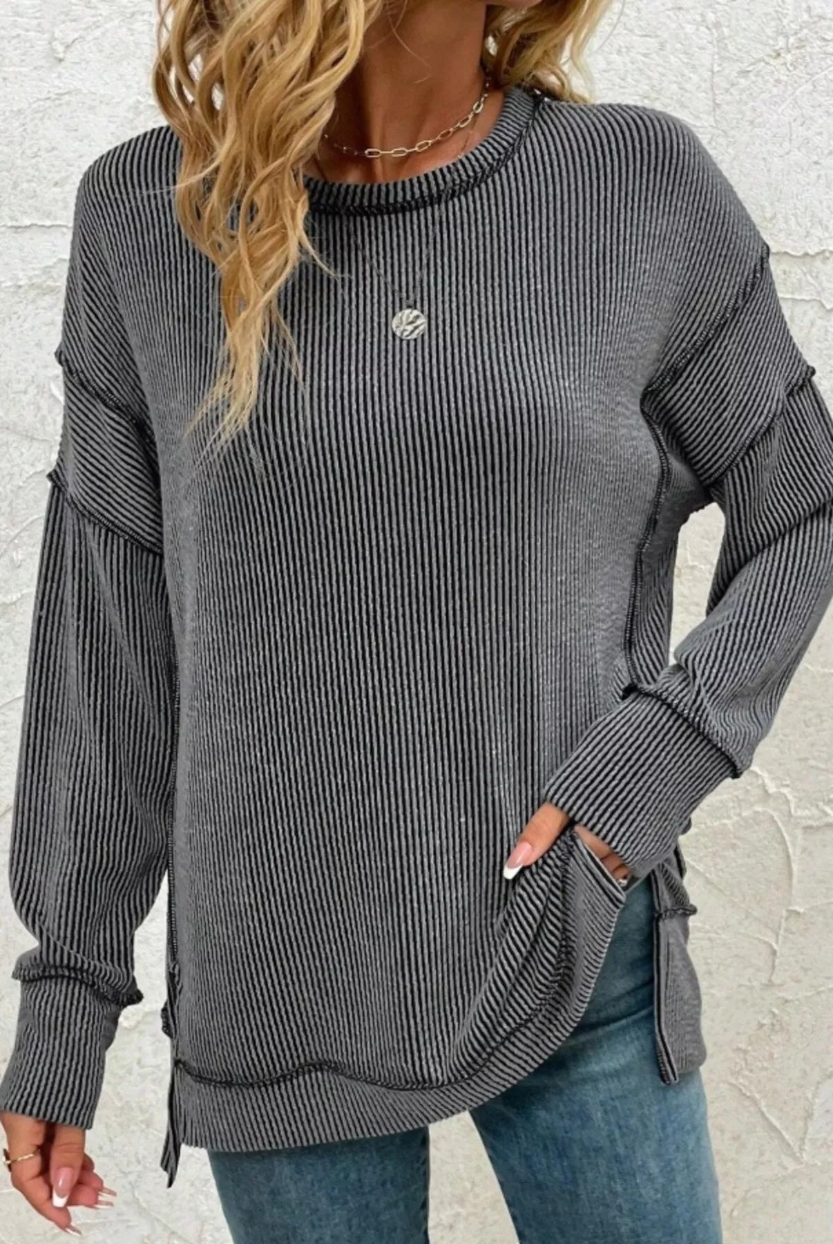 Side Slit Round Neck Dropped Shoulder Sweatshirt-Sweaters-Krush Kandy, Women's Online Fashion Boutique Located in Phoenix, Arizona (Scottsdale Area)