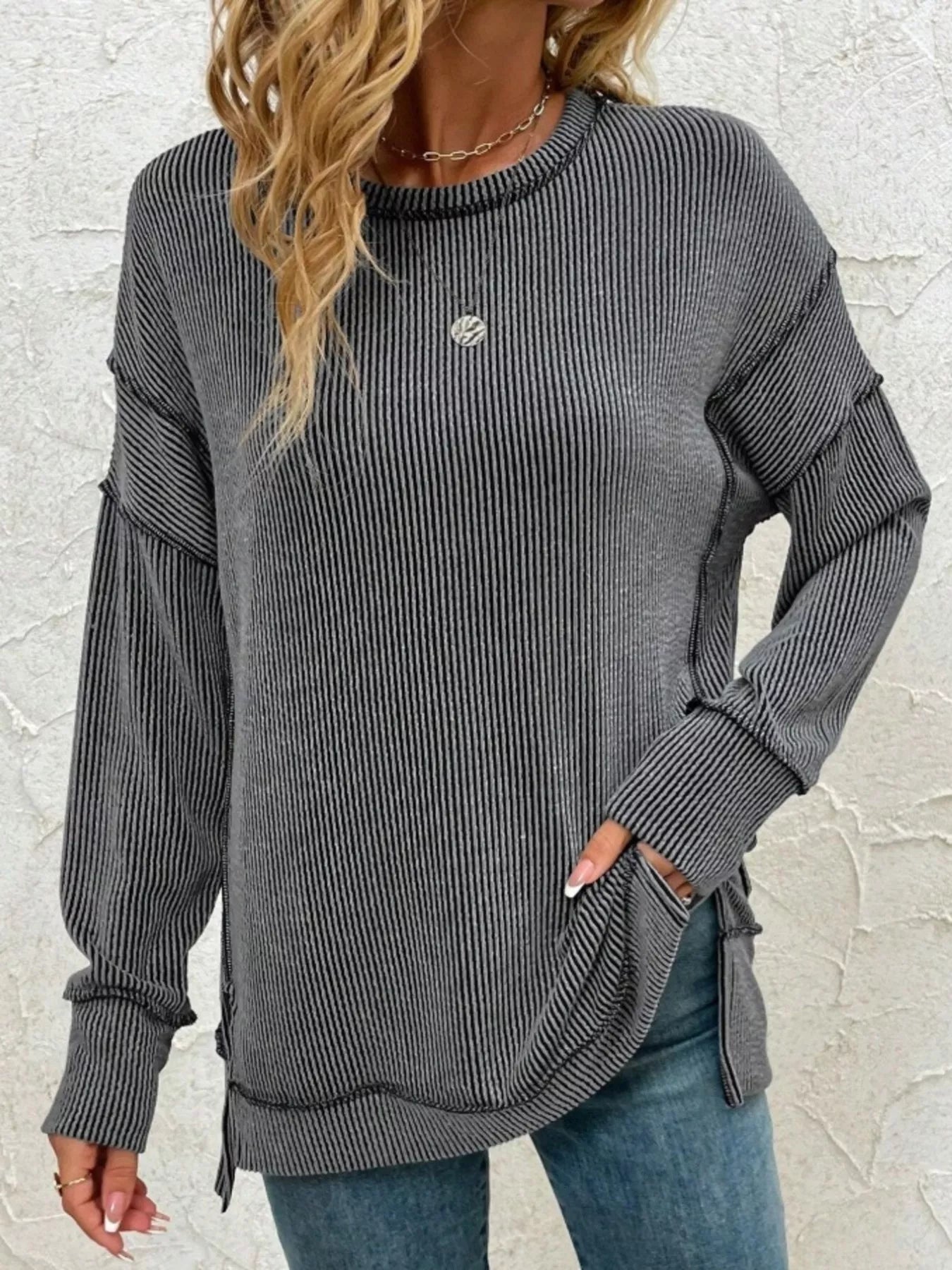Side Slit Round Neck Dropped Shoulder Sweatshirt-Sweaters-Krush Kandy, Women's Online Fashion Boutique Located in Phoenix, Arizona (Scottsdale Area)