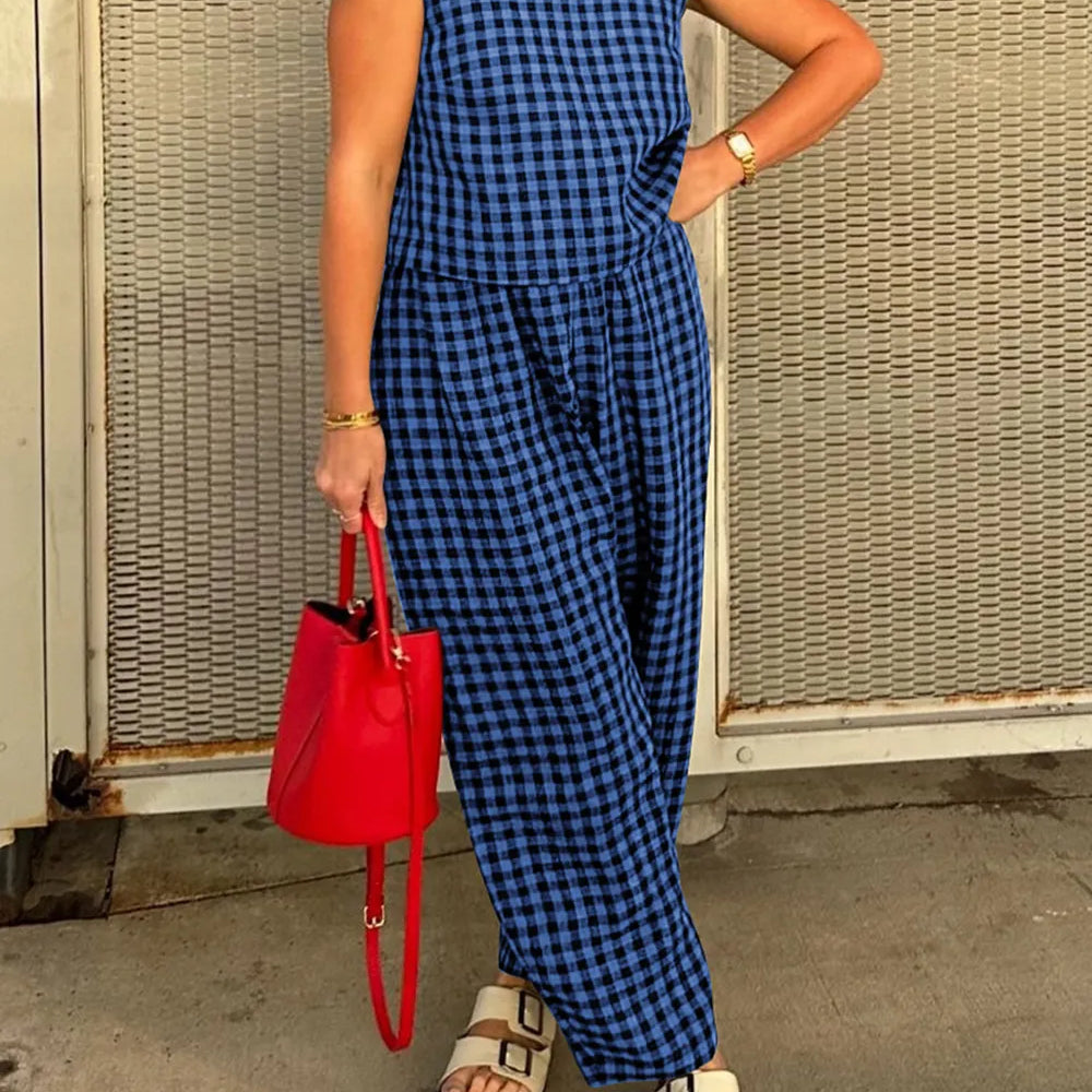 Lovelet Plaid Round Neck Sleeveless Top and Pants Set-2 Piece Outfit Sets-Krush Kandy, Women's Online Fashion Boutique Located in Phoenix, Arizona (Scottsdale Area)