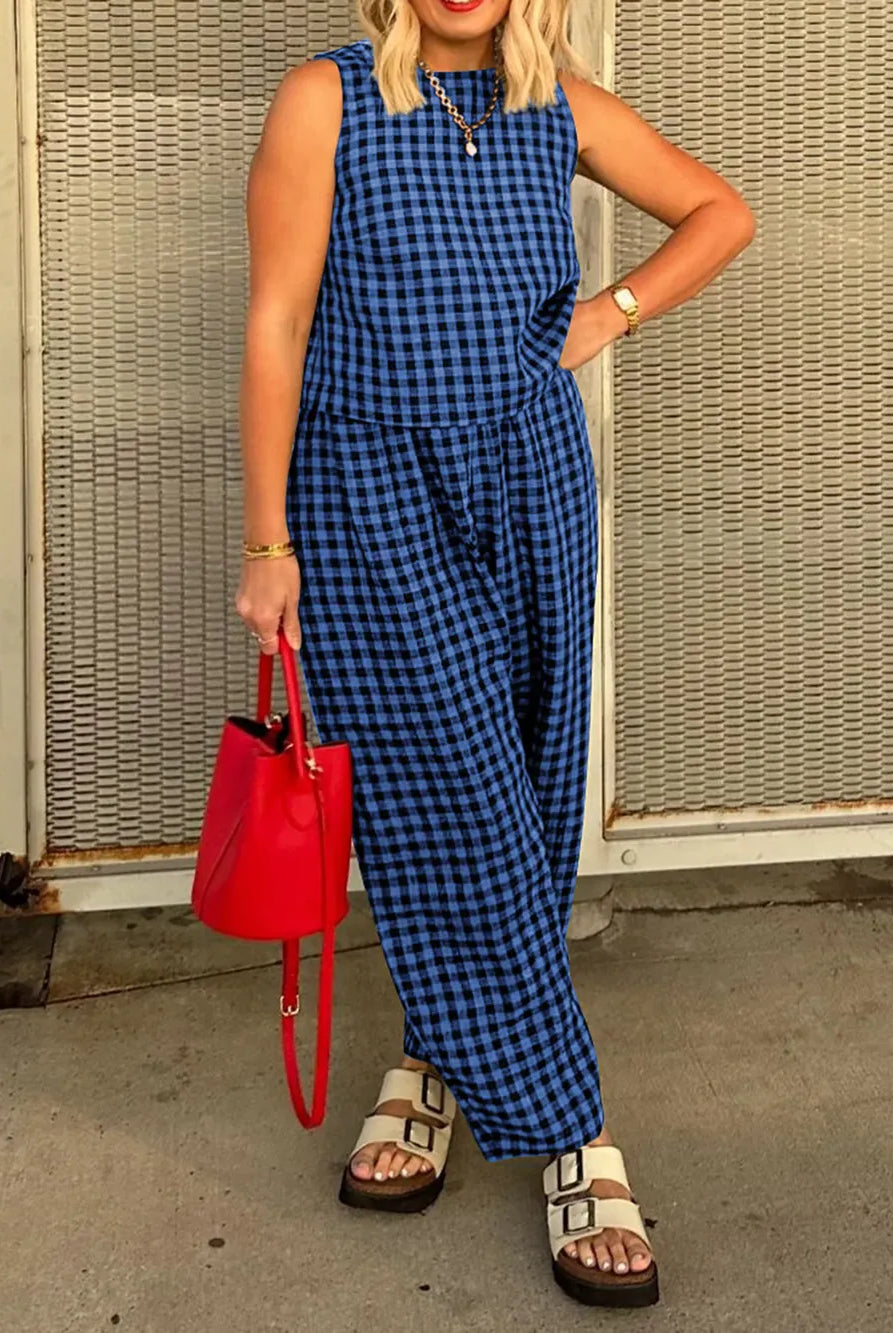 Lovelet Plaid Round Neck Sleeveless Top and Pants Set-2 Piece Outfit Sets-Krush Kandy, Women's Online Fashion Boutique Located in Phoenix, Arizona (Scottsdale Area)