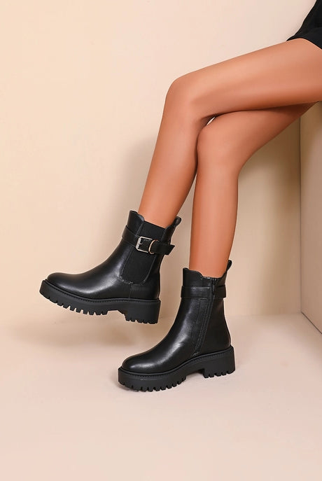 The Biker Black Buckle Lug-Sole Ankle Boot-Shoes-Krush Kandy, Women's Online Fashion Boutique Located in Phoenix, Arizona (Scottsdale Area)