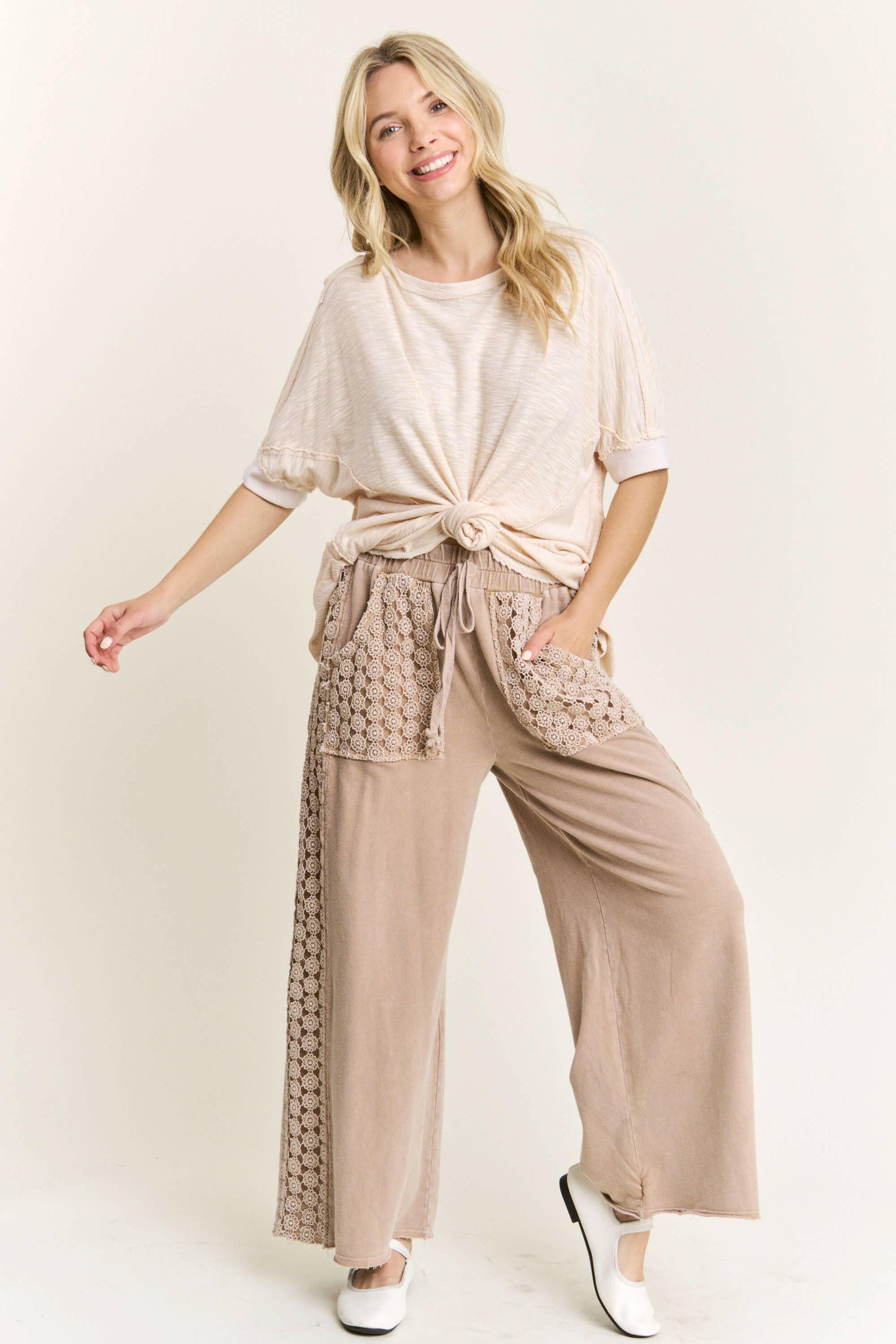 MineralWash Floral Daisy trim Pants-PANTS-Krush Kandy, Women's Online Fashion Boutique Located in Phoenix, Arizona (Scottsdale Area)