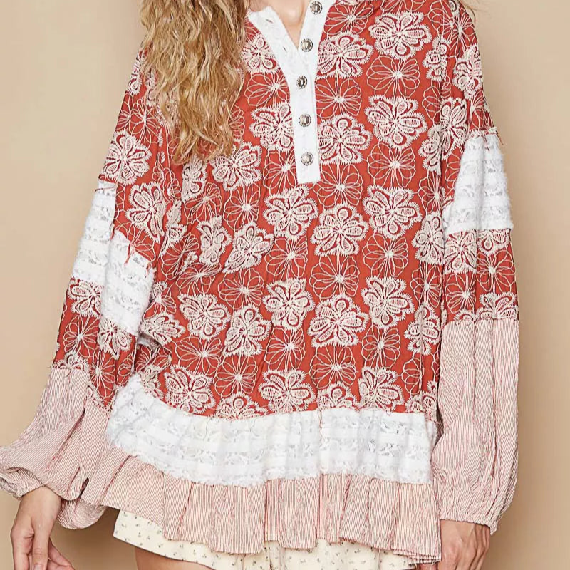 POL Ruffled Hem Floral Pattern Balloon Sleeve Hoodie-Hoodies-Krush Kandy, Women's Online Fashion Boutique Located in Phoenix, Arizona (Scottsdale Area)