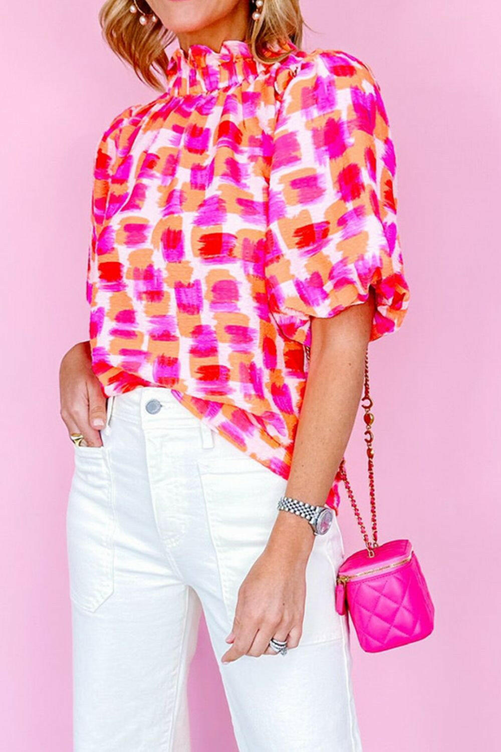 Color Pop Ruffle Neck Blouse-Short Sleeve Tops-Krush Kandy, Women's Online Fashion Boutique Located in Phoenix, Arizona (Scottsdale Area)