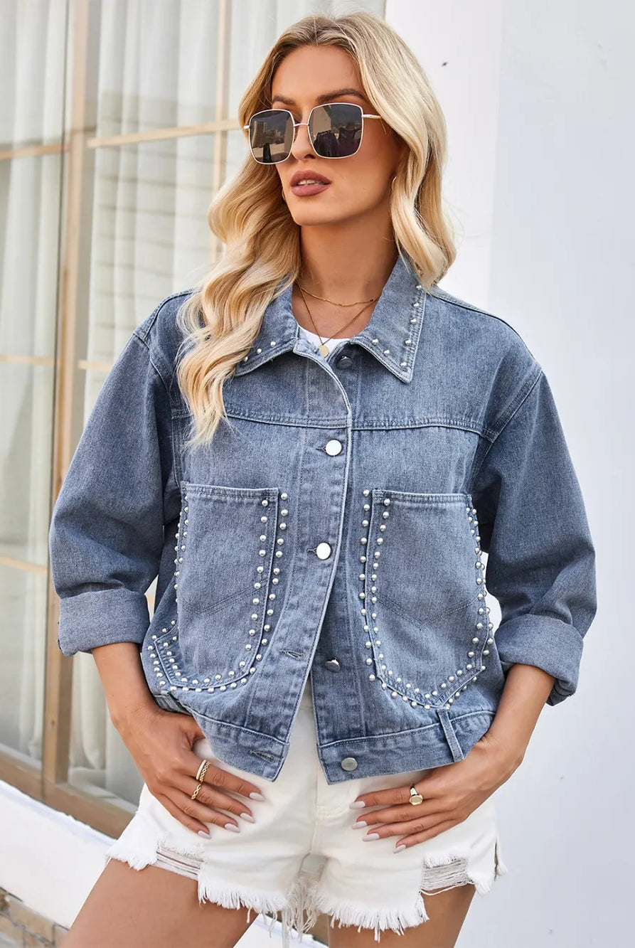 Studded Long Sleeve Denim Jacket-Krush Kandy, Women's Online Fashion Boutique Located in Phoenix, Arizona (Scottsdale Area)