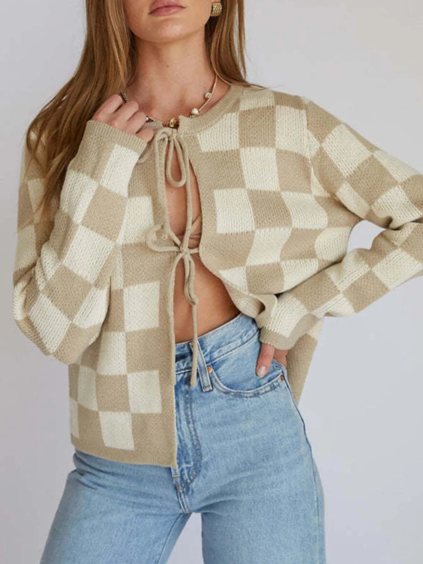 Checkered Tie-Front Cropped Cardigan-Cardigan-Krush Kandy, Women's Online Fashion Boutique Located in Phoenix, Arizona (Scottsdale Area)