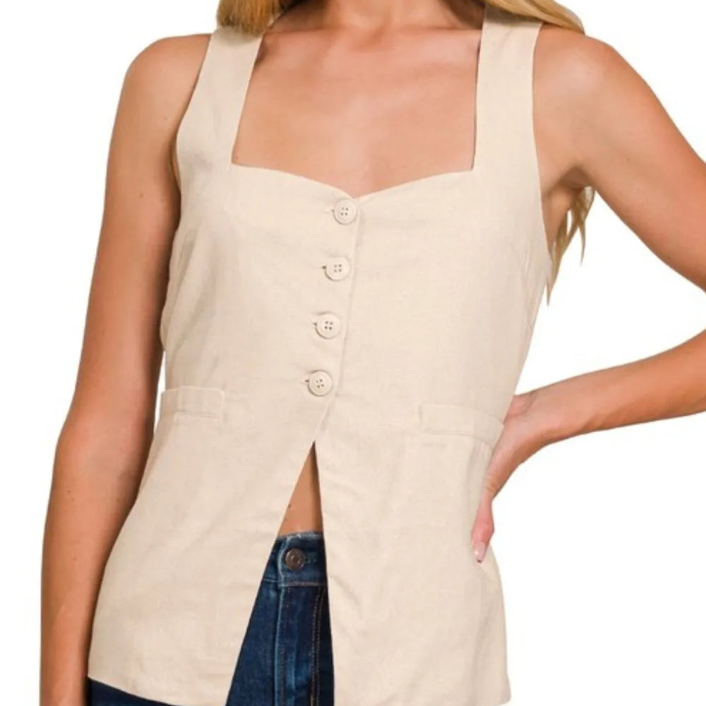 Linen Tie-back 4-button Vest with Lining-Vests-Krush Kandy, Women's Online Fashion Boutique Located in Phoenix, Arizona (Scottsdale Area)