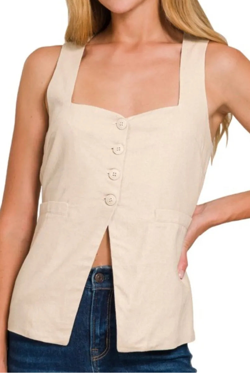 Linen Tie-back 4-button Vest with Lining-Vests-Krush Kandy, Women's Online Fashion Boutique Located in Phoenix, Arizona (Scottsdale Area)