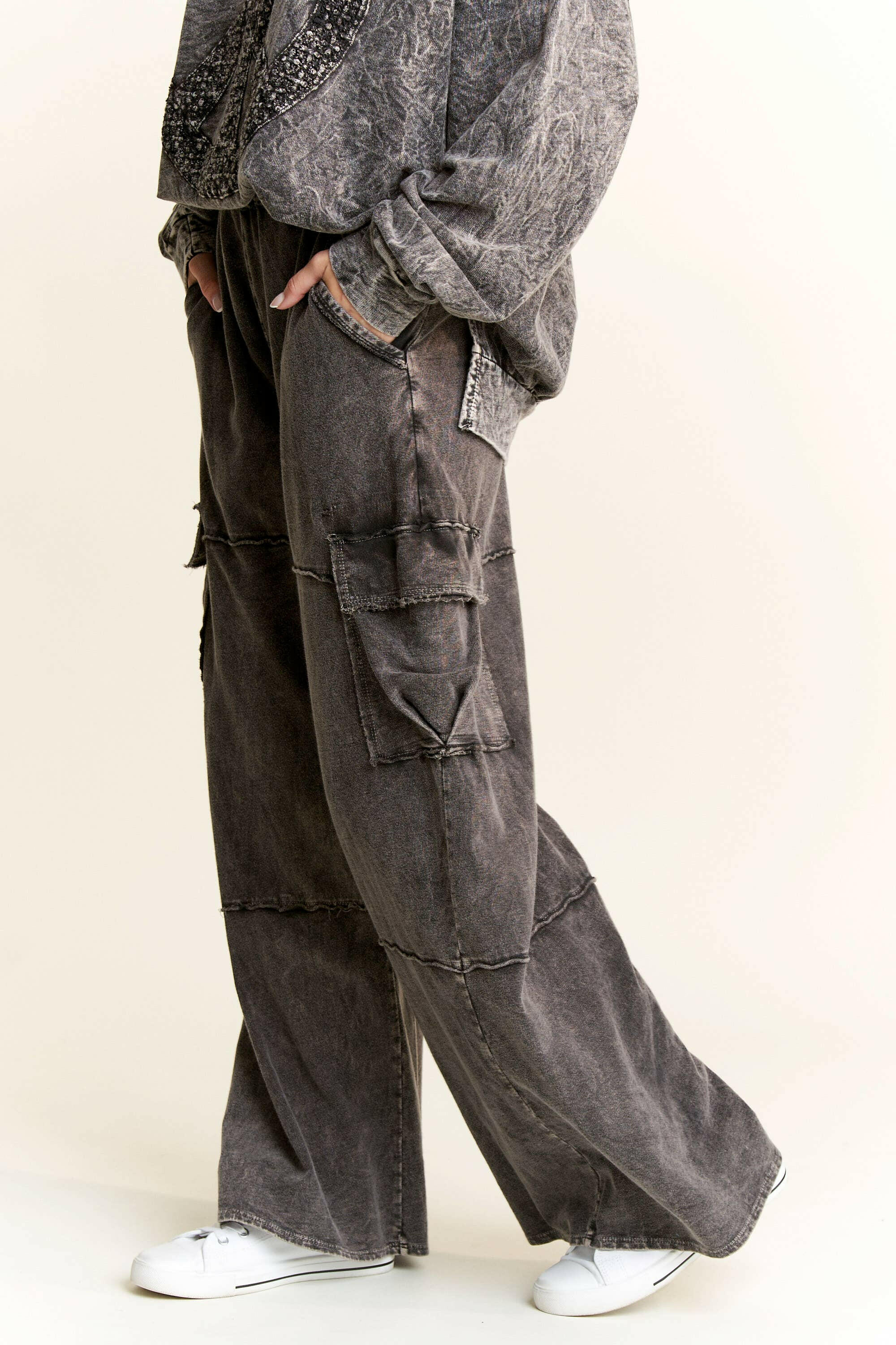 Mineral Wash Wide leg pants with Cargo Pockets-Bottoms-Krush Kandy, Women's Online Fashion Boutique Located in Phoenix, Arizona (Scottsdale Area)