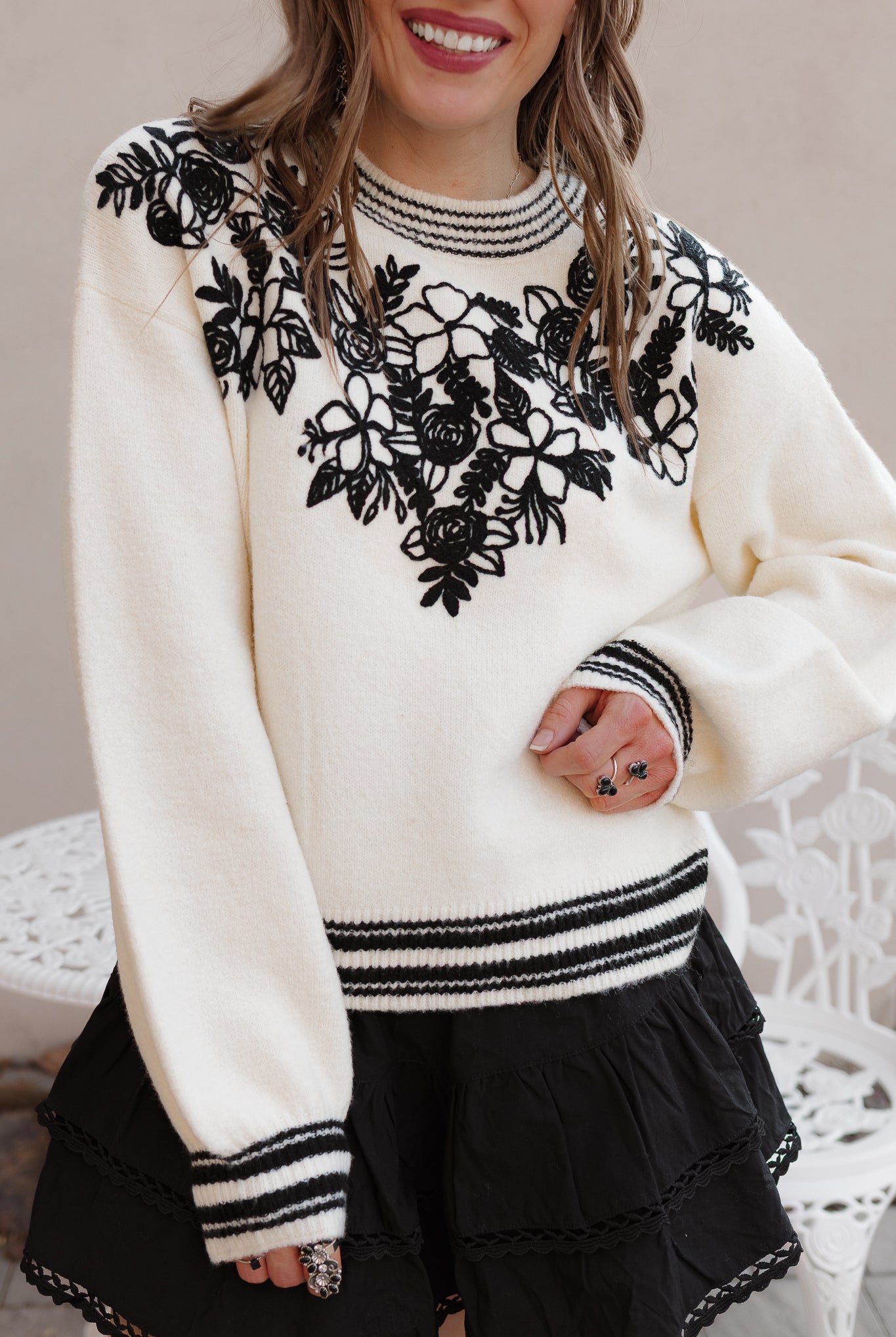 Sweetest Devotion Floral Stripe Embroidered Sweater-Sweaters-Krush Kandy, Women's Online Fashion Boutique Located in Phoenix, Arizona (Scottsdale Area)